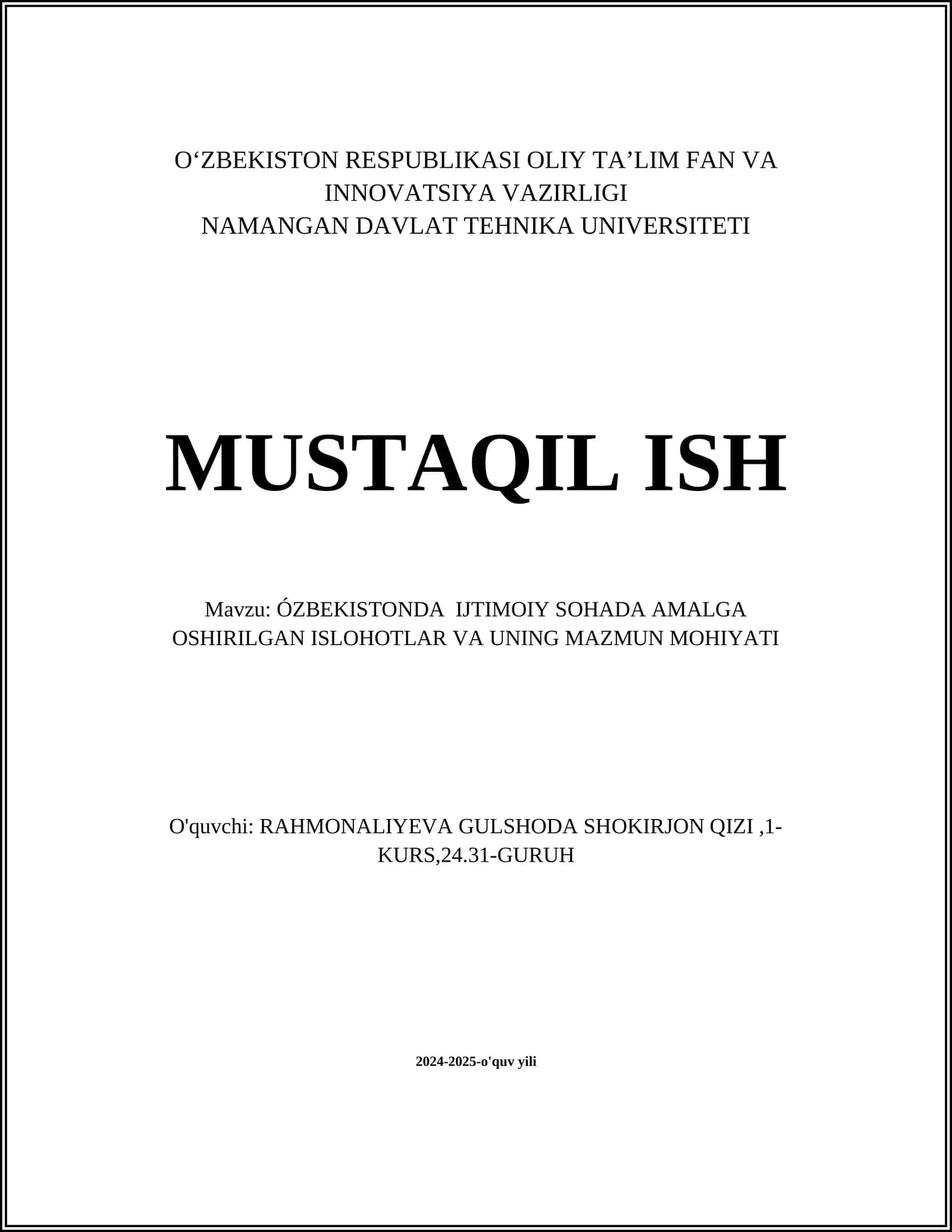 ÓZBEKISTONDA IJTIMOIY SOHADA AMALGA OSHIRILGAN ISLOHOTLAR VA UNING MAZMUN MOHIYATI