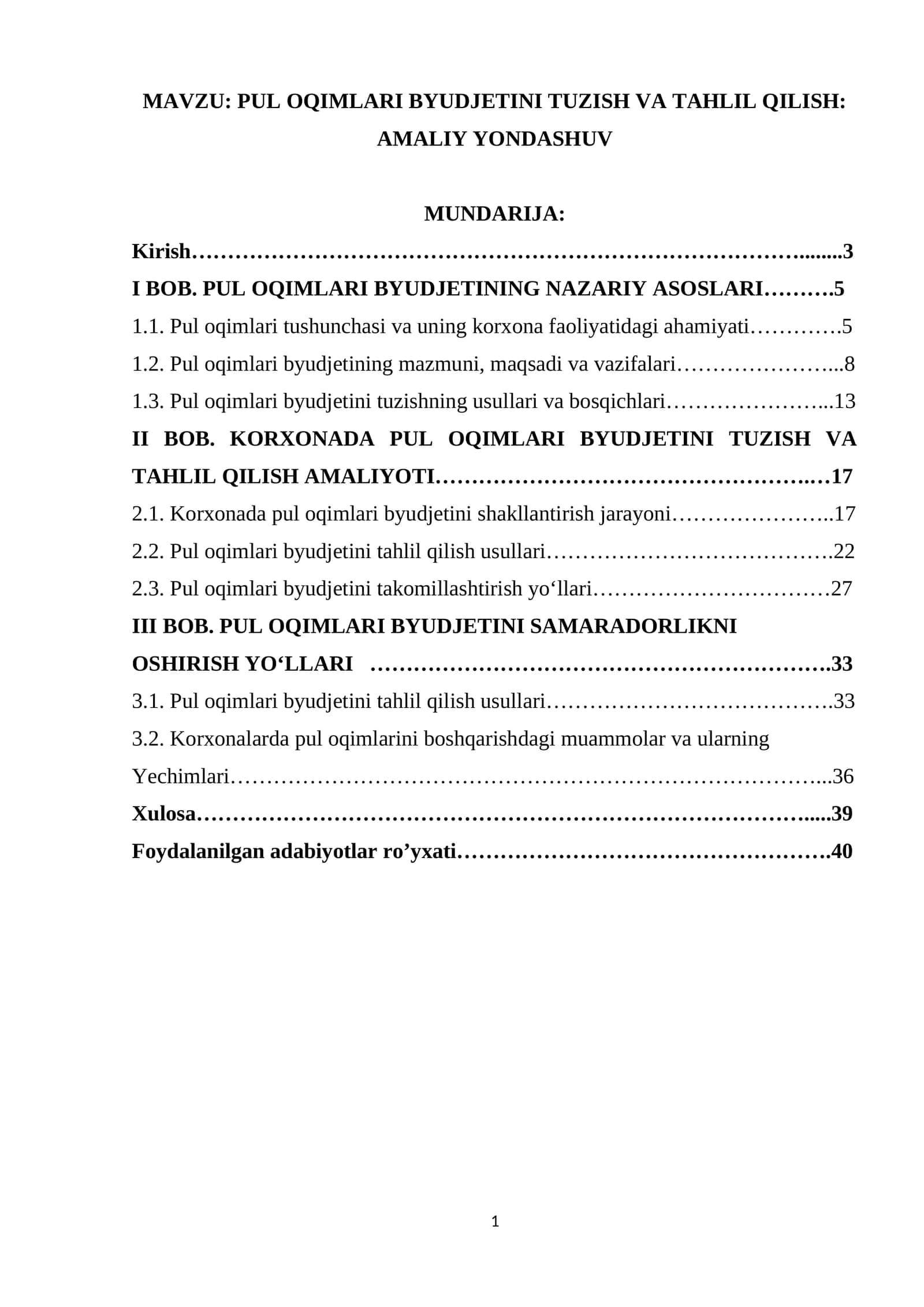 PUL OQIMLARI BYUDJETINI TUZISH VA TAHLIL QILISH: AMALIY YONDASHUV