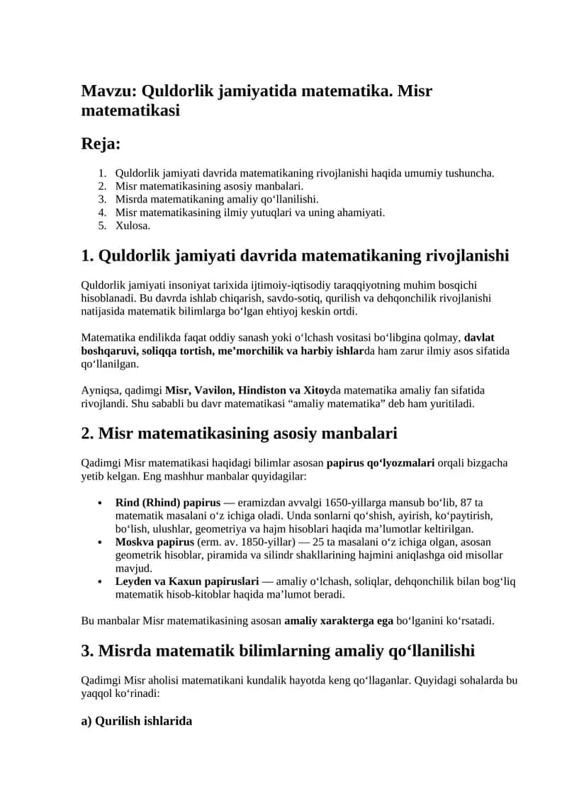 Quldorlik jamiyatida matematika. Misr matematikasi