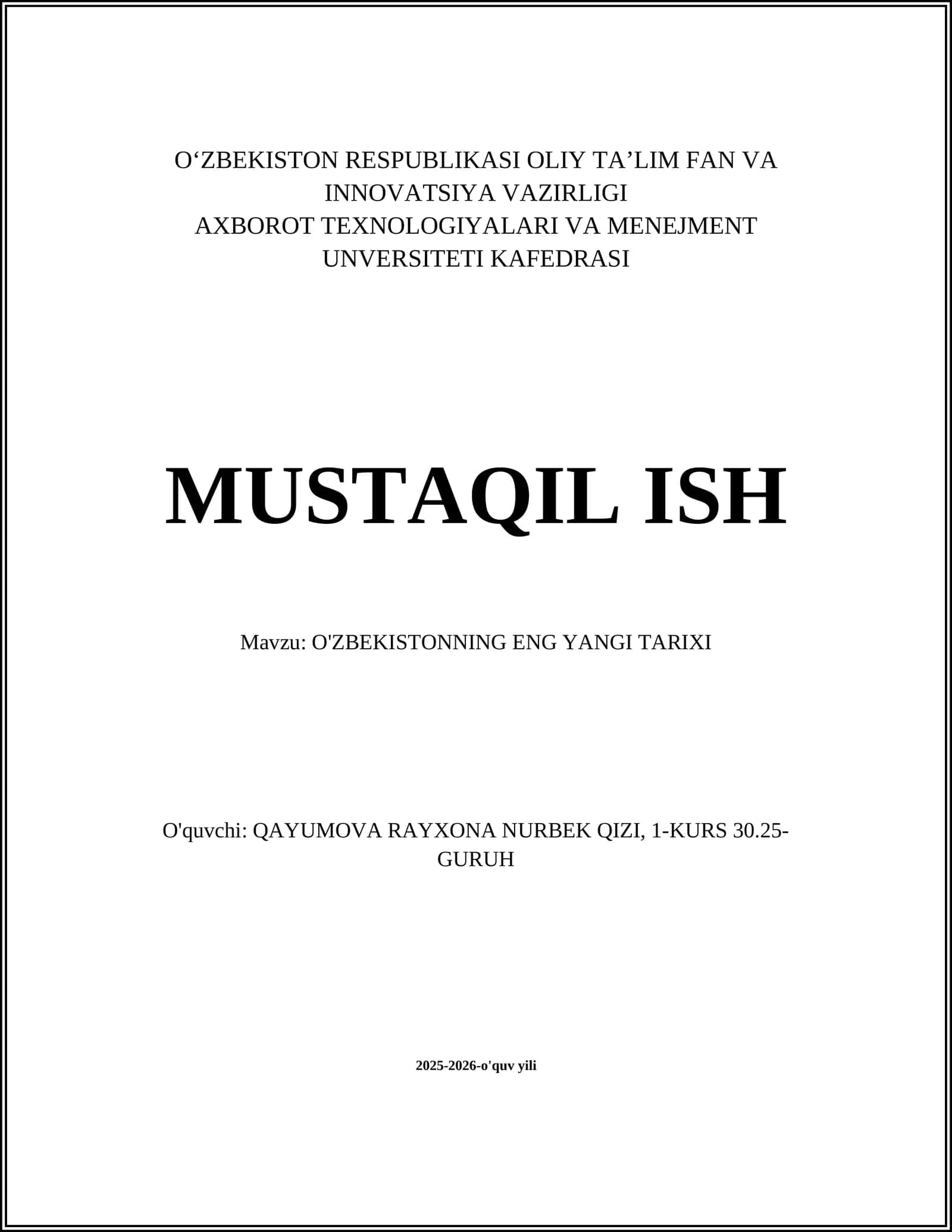 O'ZBEKISTONNING ENG YANGI TARIXI
