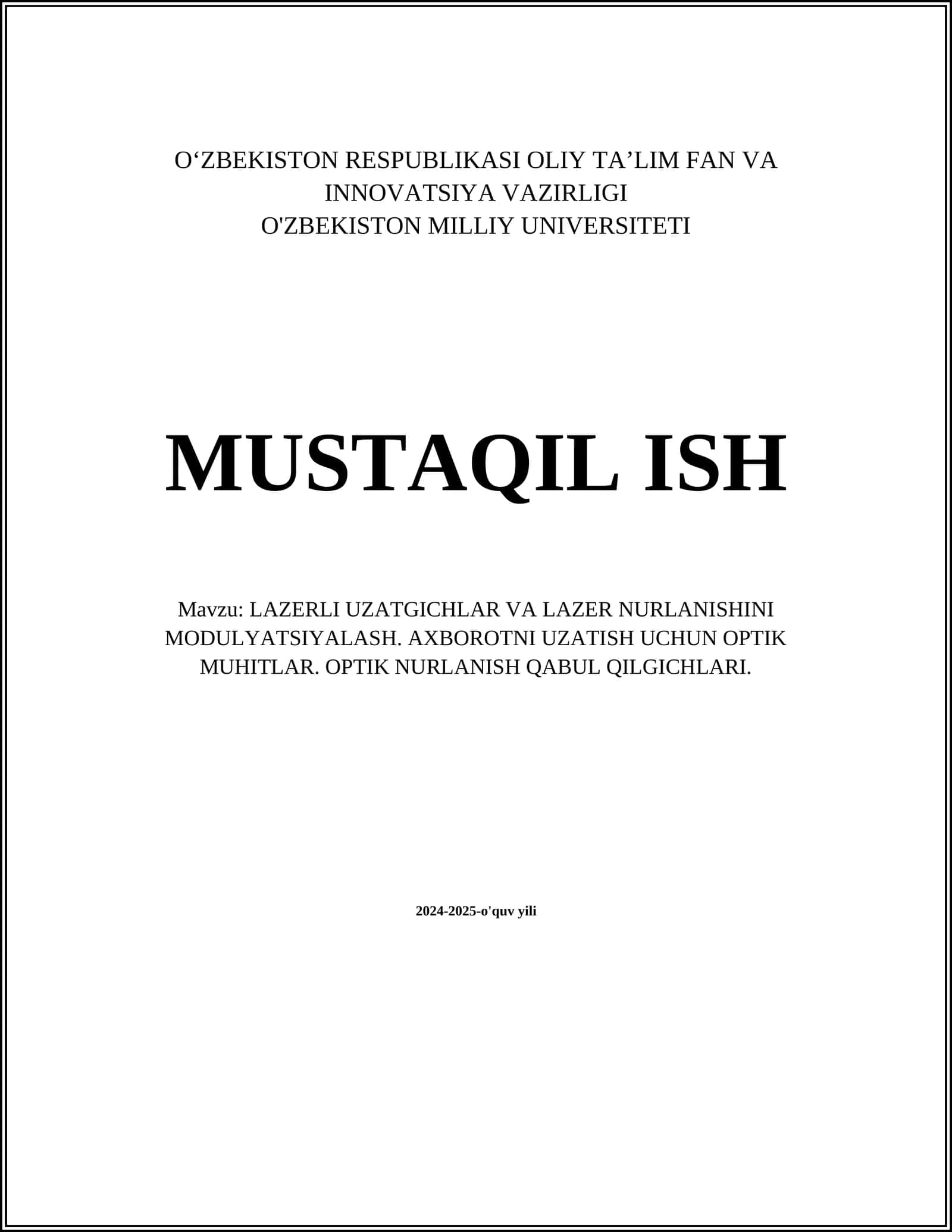 LAZERLI UZATGICHLAR VA LAZER NURLANISHINI MODULYATSIYALASH