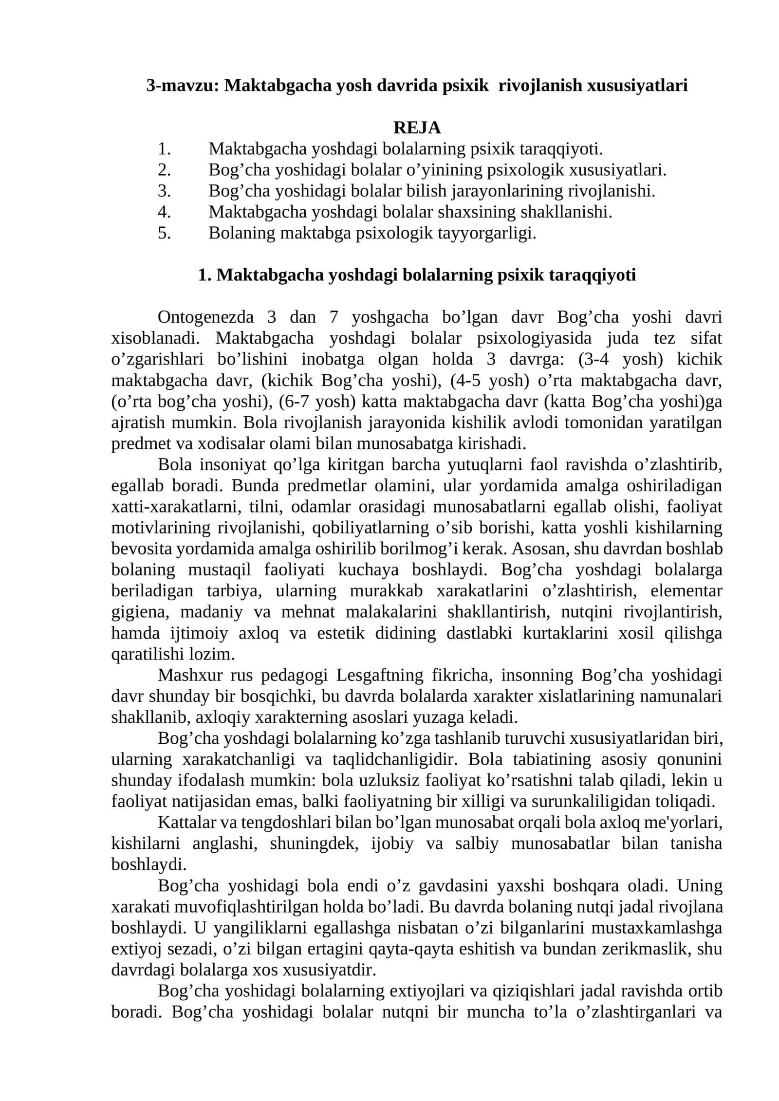 Maktabgacha yosh davrida psixik rivojlanish xususiyatlari