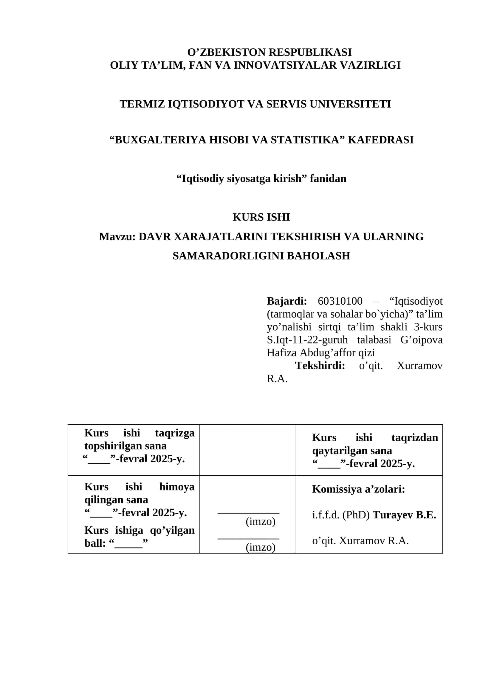 DAVR XARAJATLARINI TEKSHIRISH VA ULARNING SAMARADORLIGINI BAHOLASH