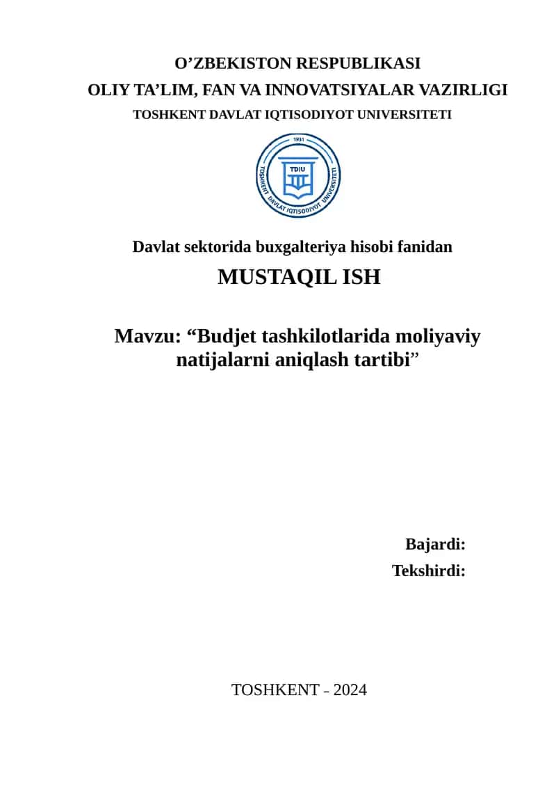 Budjet tashkilotlarida moliyaviy natijalarni aniqlash tartibi