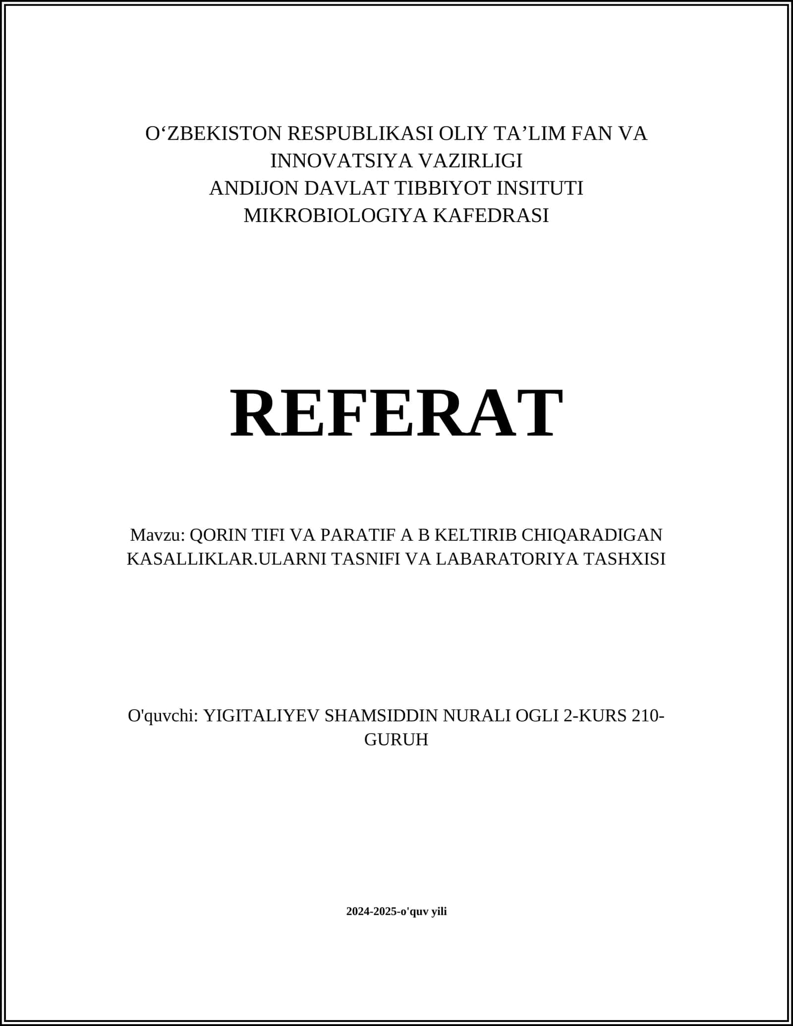 Qorin Tifi va Paratif A B Keltirib Chiqaradigan Kasalliklar. Ularni Tasnifi va Laboratoriya Tashxisi