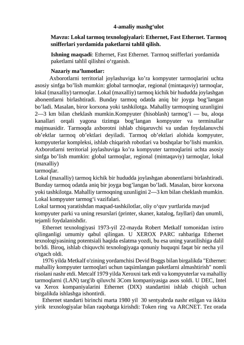 Lokal tarmoq texnologiyalari: Ethernet, Fast Ethernet