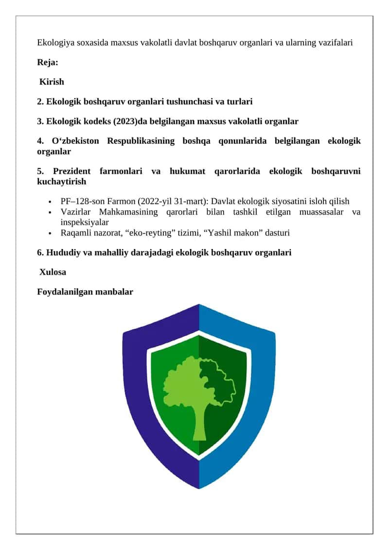 Ekologiya soxasida maxsus vakolatli davlat boshqaruv organlari va ularning vazifalari