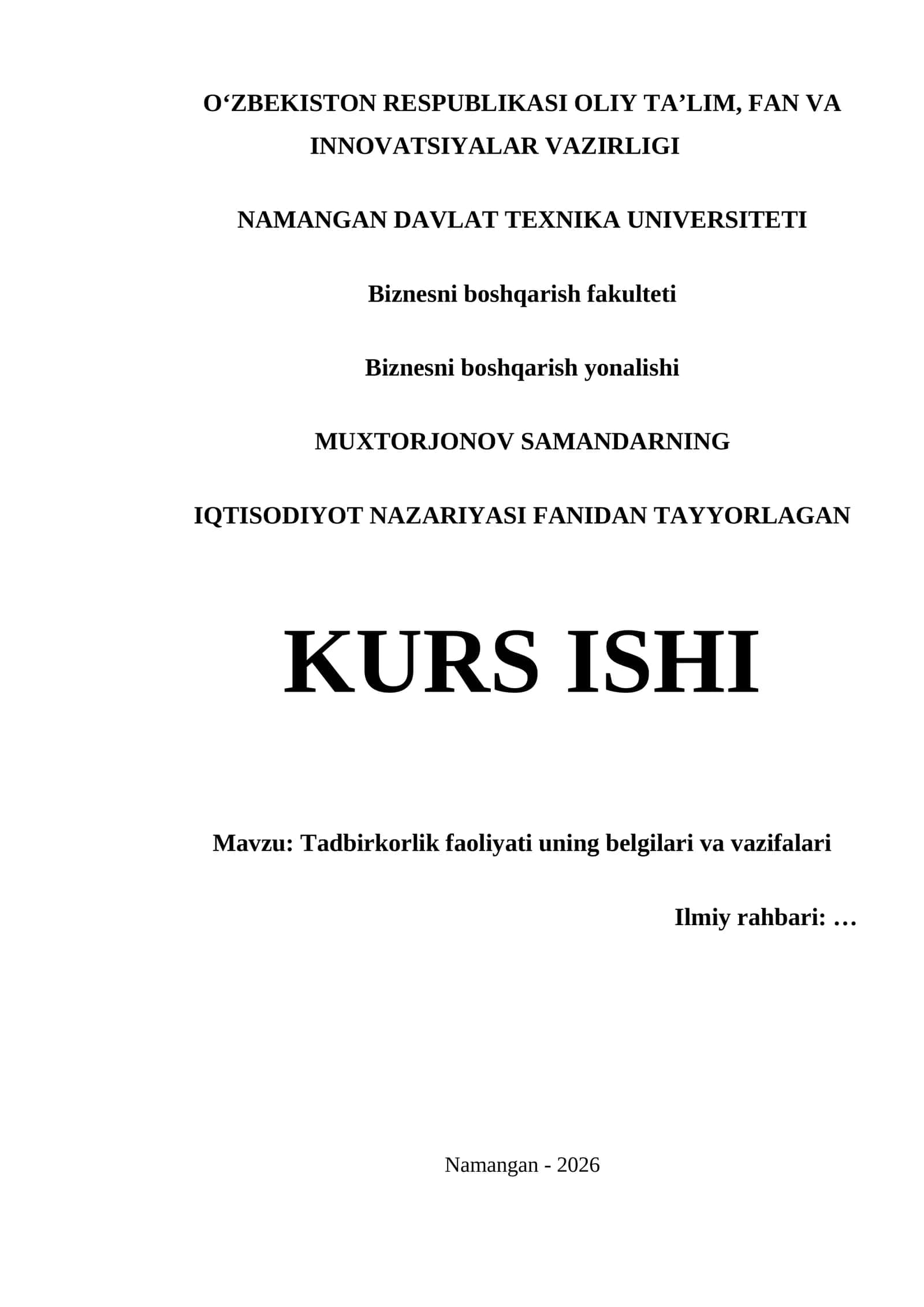 Tadbirkorlik faoliyati uning belgilari va vazifalari