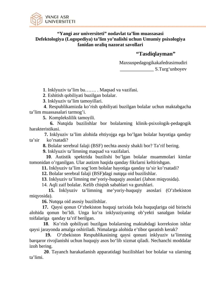 Umumiy psixologiya fanidan oraliq nazorat savollari