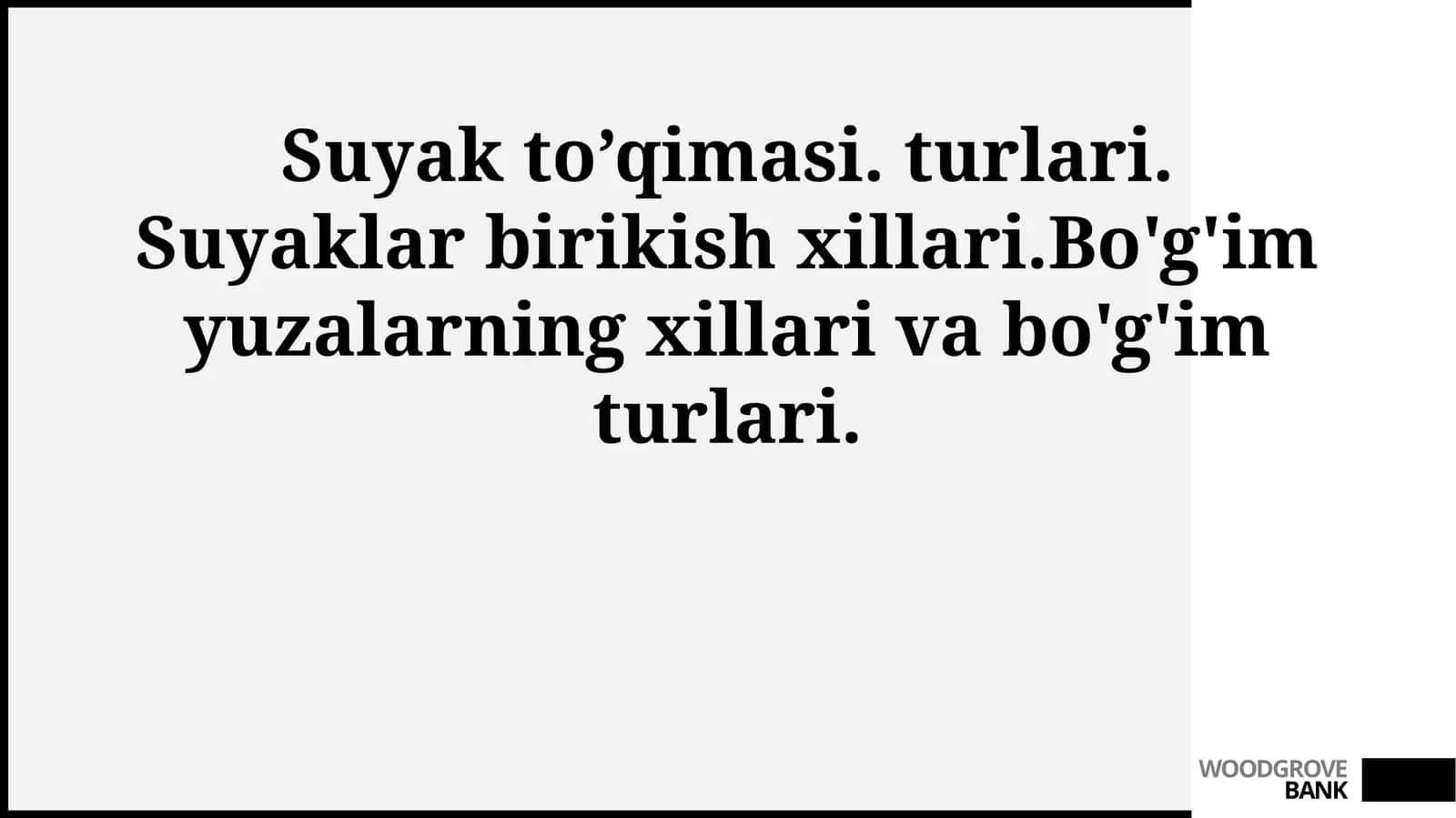 Suyak to’qimasi. turlari. Suyaklar birikish xillari.Bo'g'im yuzalarning xillari va bo'g'im turlari