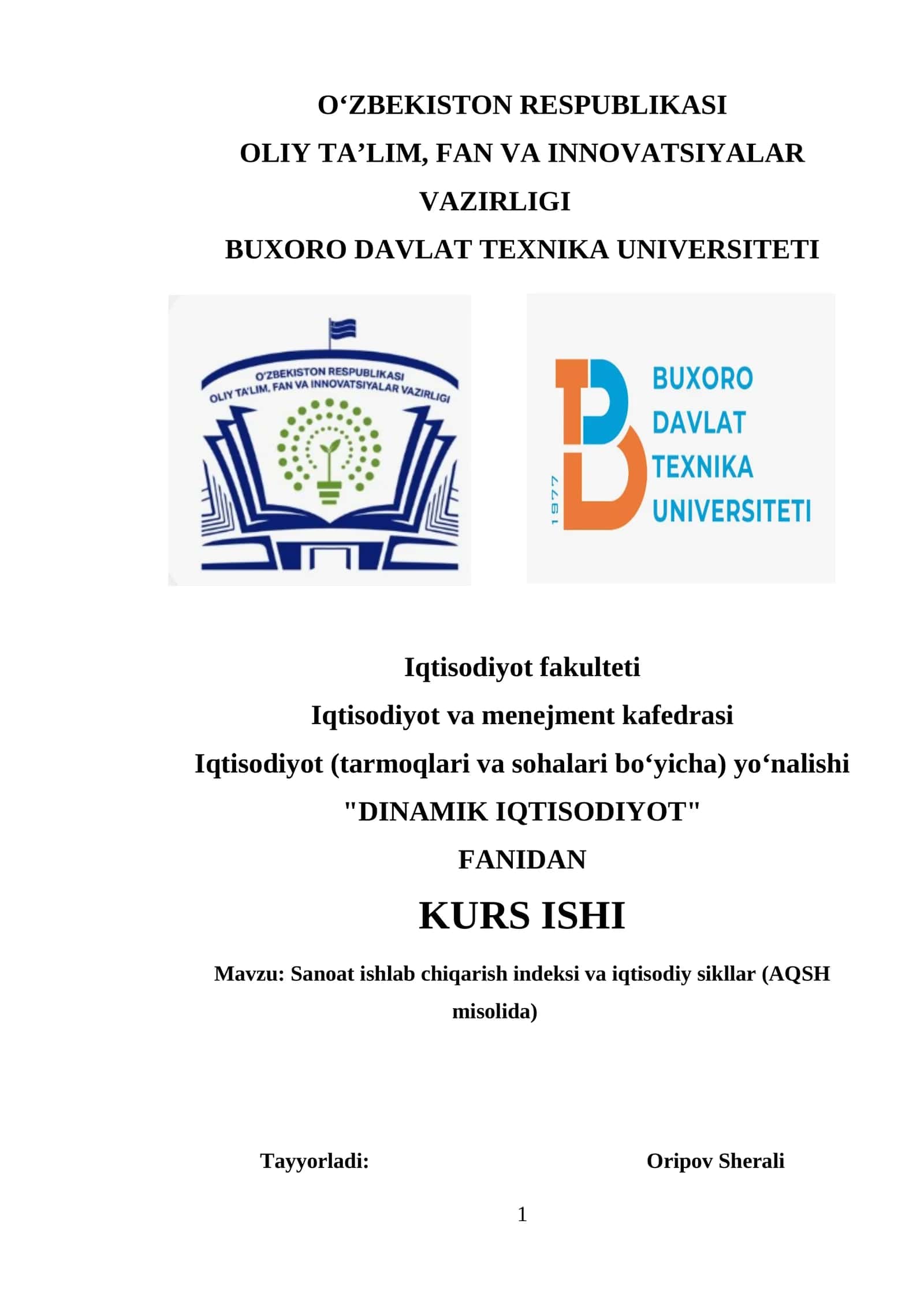 "DINAMIK IQTISODIYOT" FANIDAN KURS ISHI