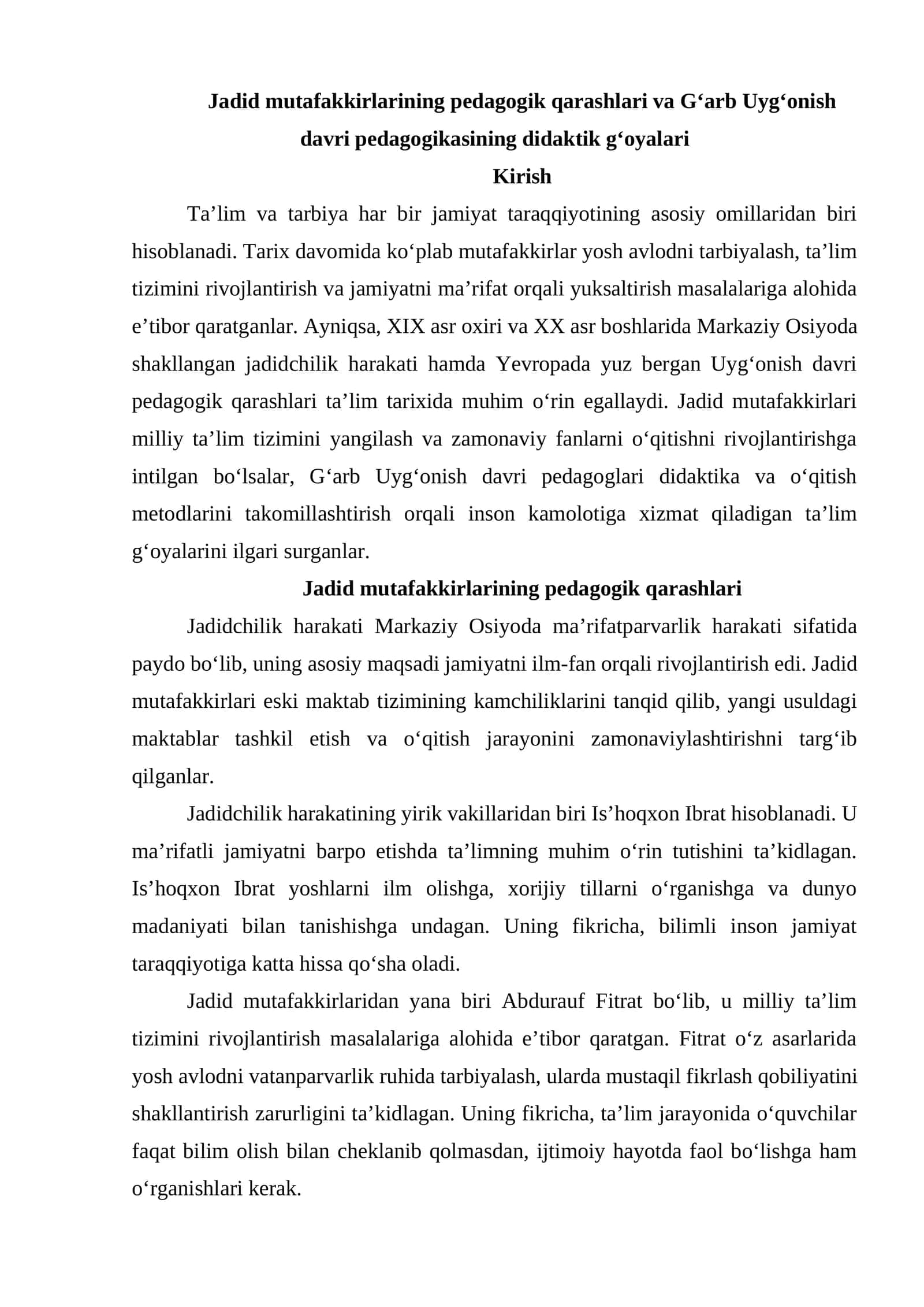 Jadid mutafakkirlarining pedagogik qarashlari