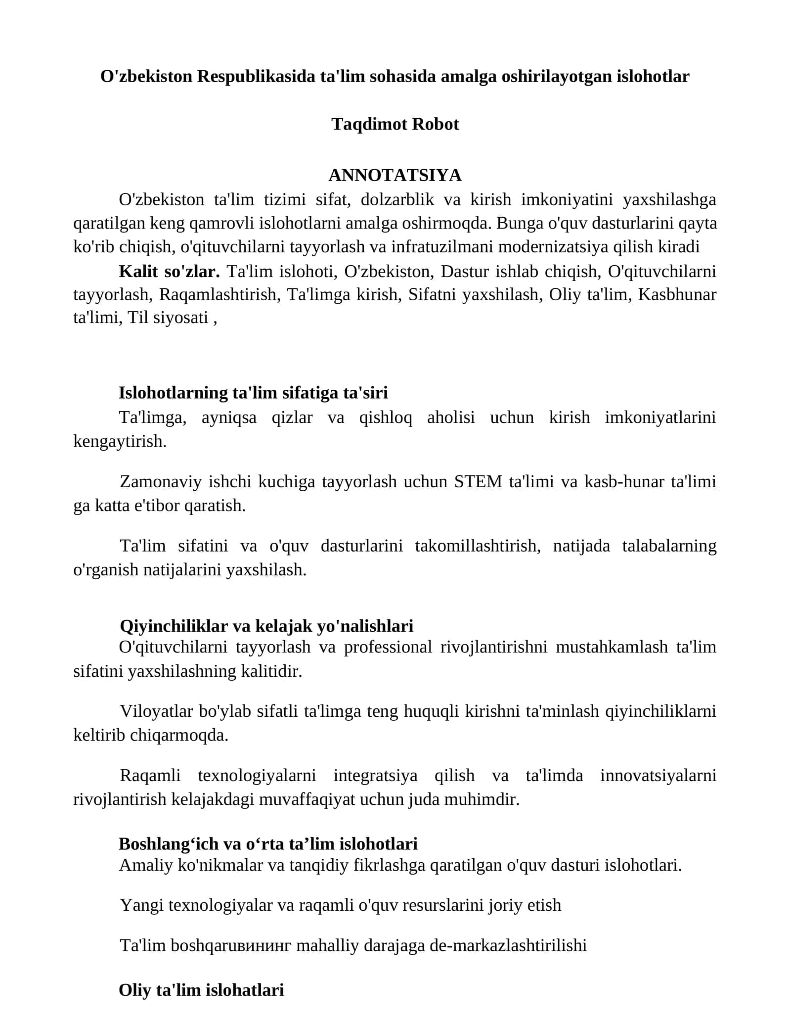 Ta'lim sohasida amalga oshirilayotgan islohotlar