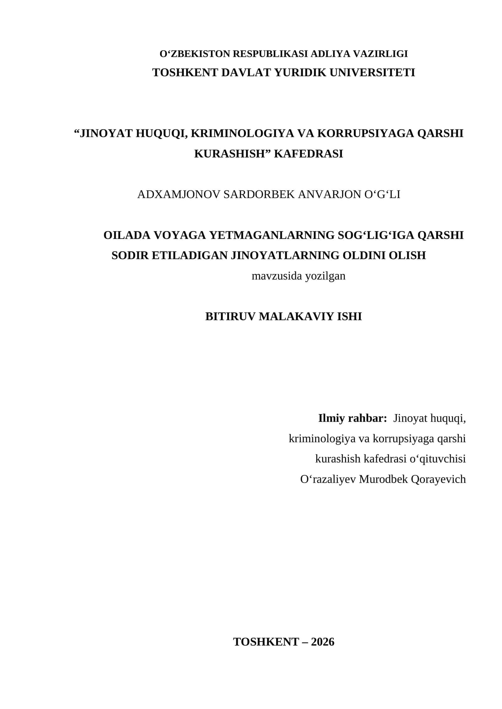 Oilada Voyaga Yetmaganlarning Sog'lig'iga Qarshi Sodir Etiladigan Jinoyatların Oldini Olış