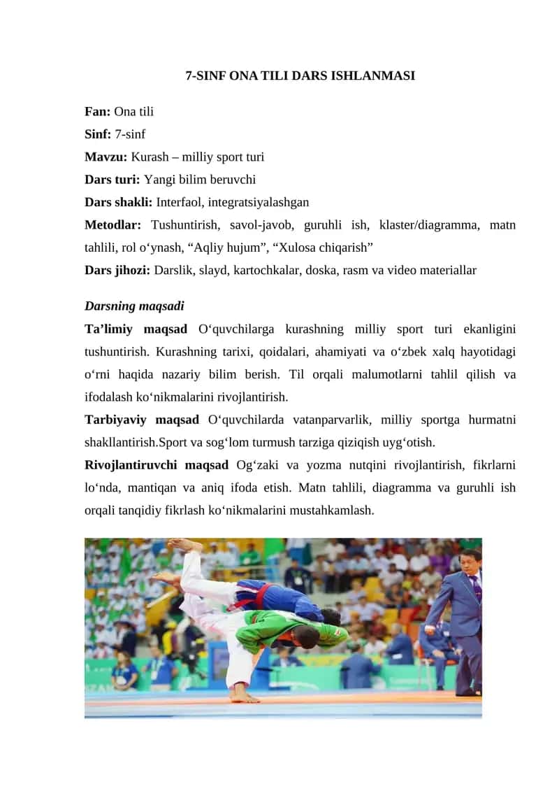 Kurash – milliy sport turi ona tili 7-SINF ONA TILI DARS ISHLANMASI