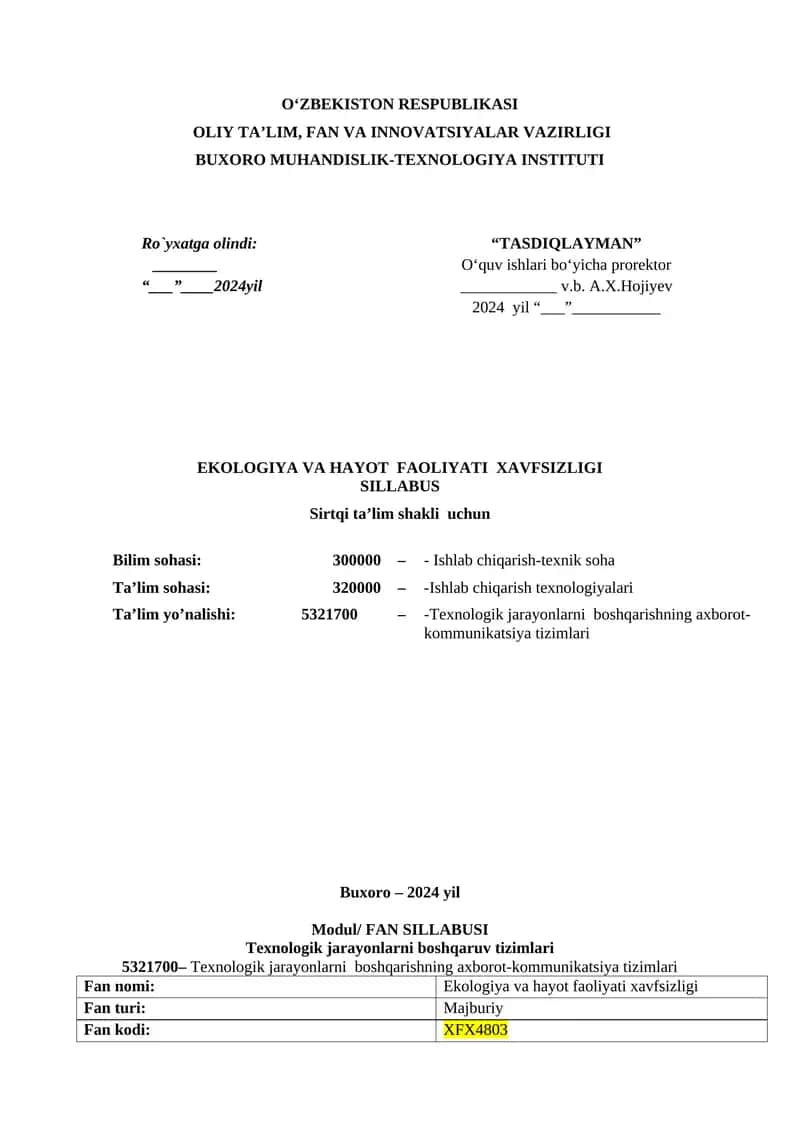 Ekologiya va hayot faoliyati xavfsizligi