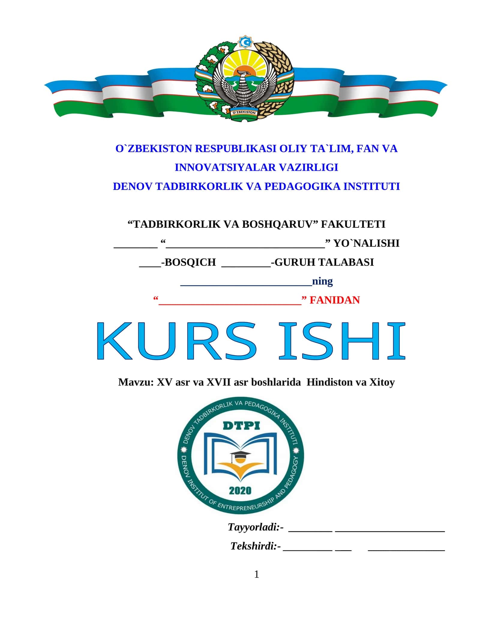 KURS ISHI: TADBIRKORLIK VA BOSHQARUV FANIDAN