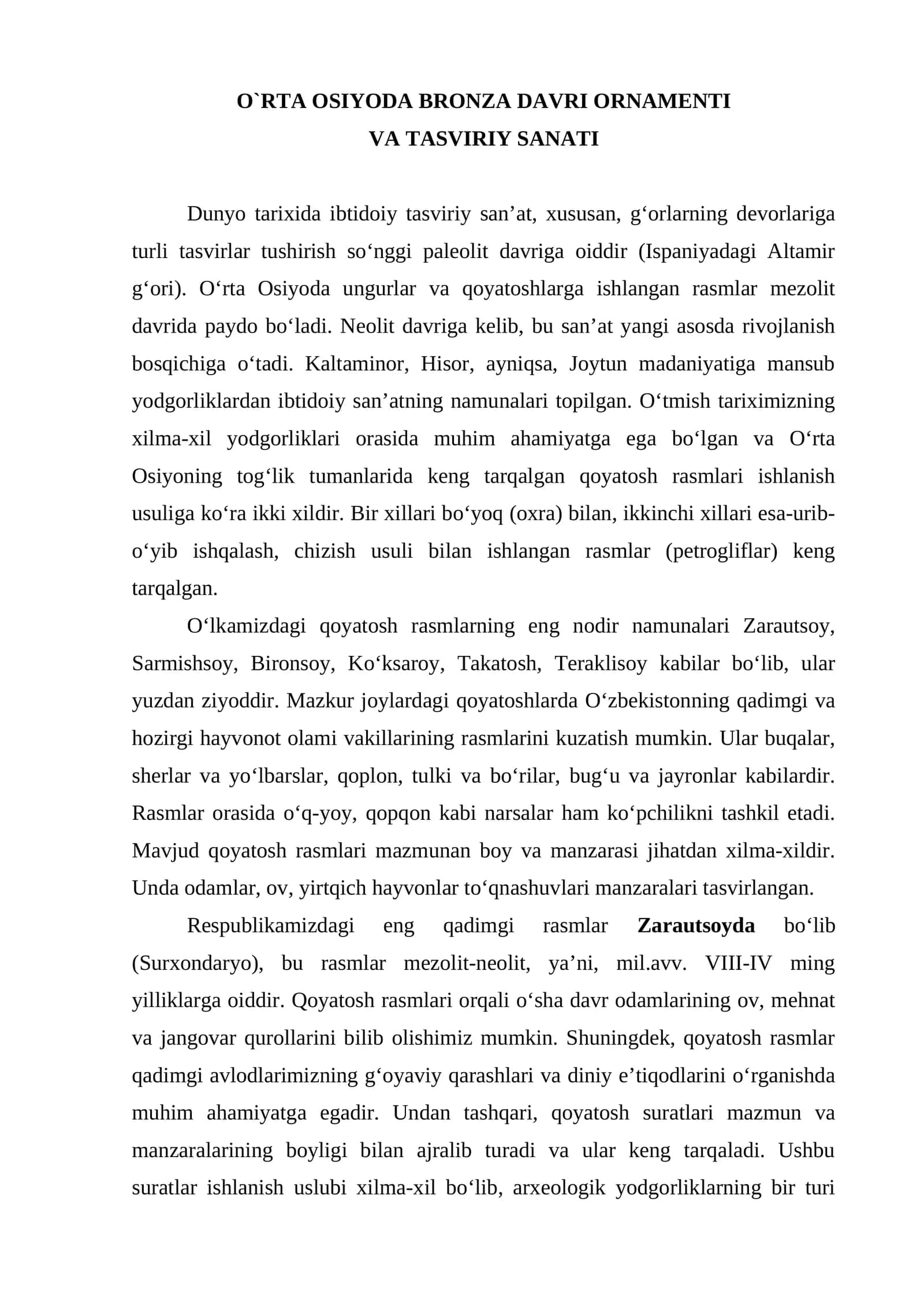O`RTA OSIYODA BRONZA DAVRI ORNAMENTI VA TASVIRIY SANATI