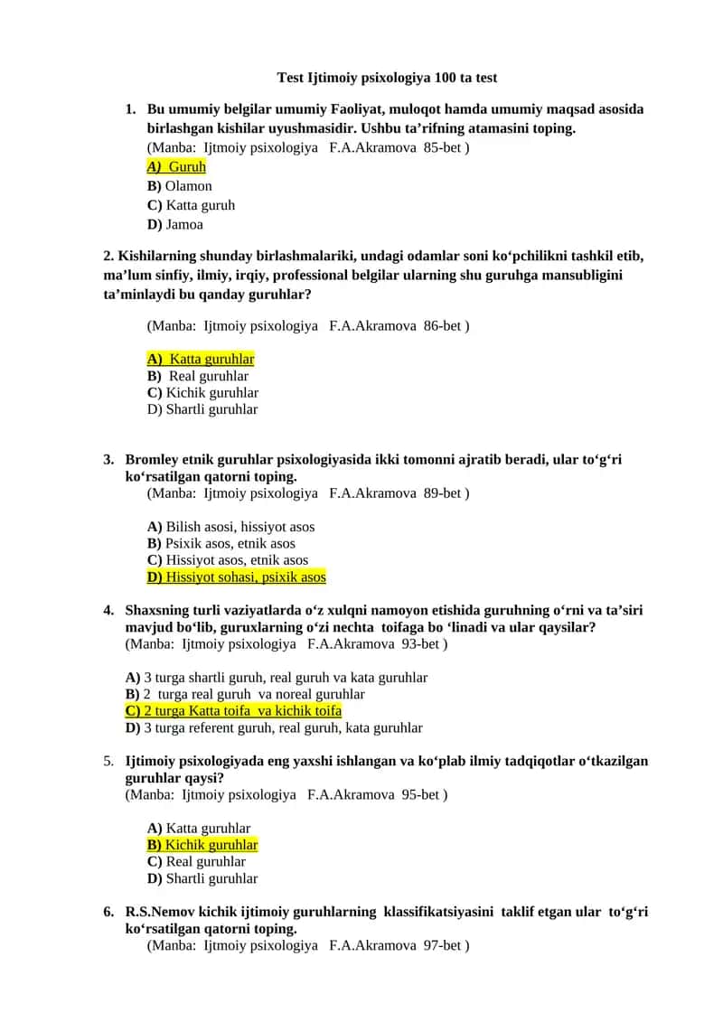 Test ijtimoiy psixologiya
