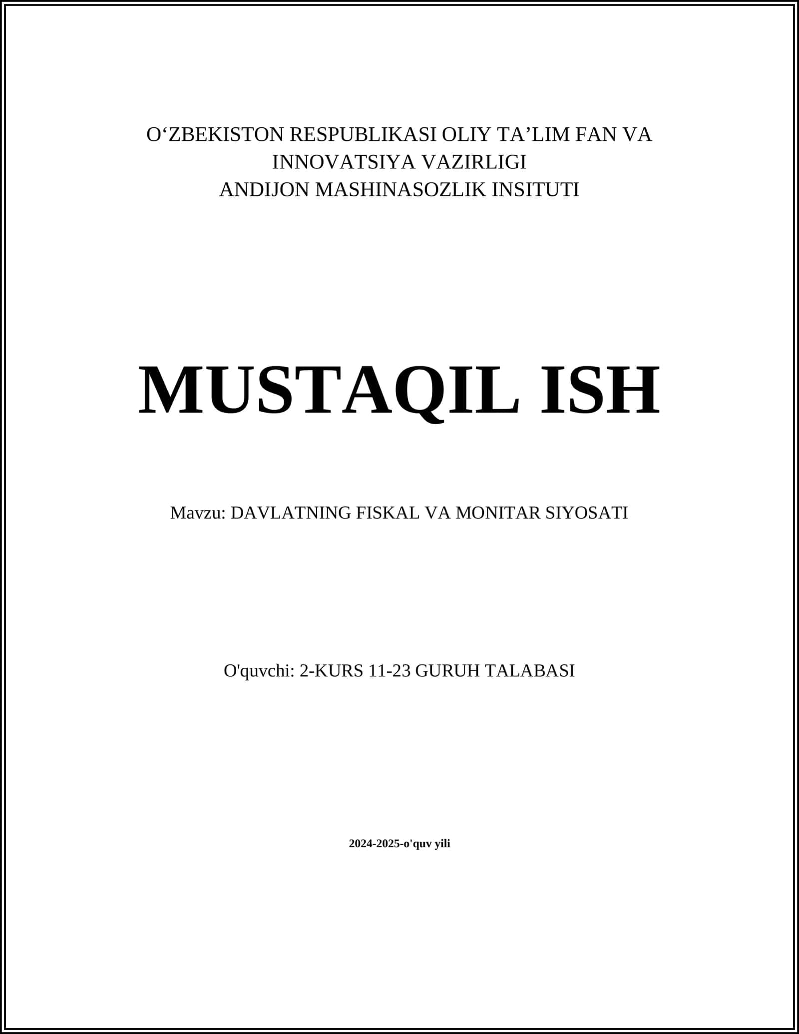 DAVLATNING FISKAL VA MONITAR SIYOSATI