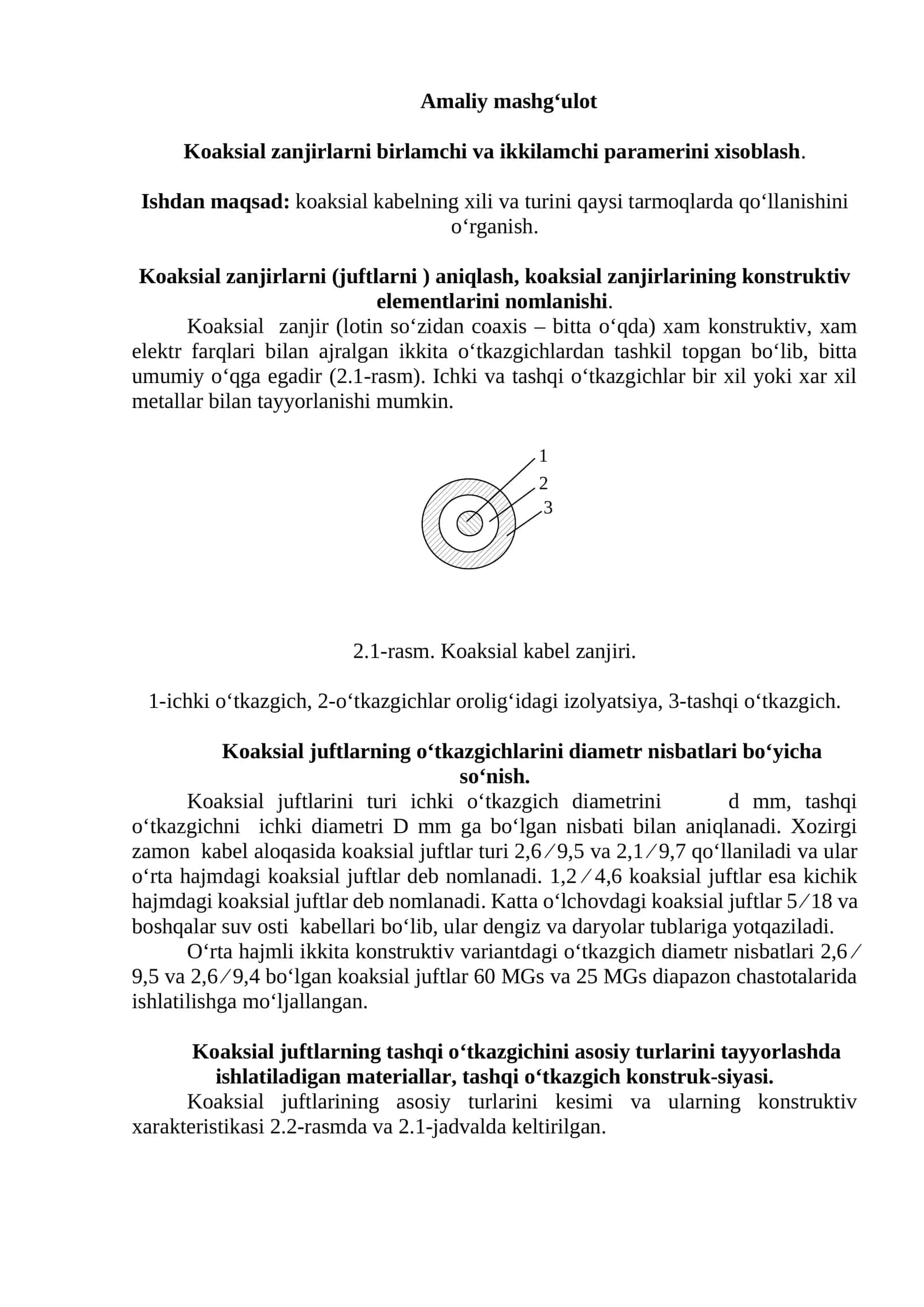 Koaksial zanjirlarni birlamchi va ikkilamchi paramerini xisoblash