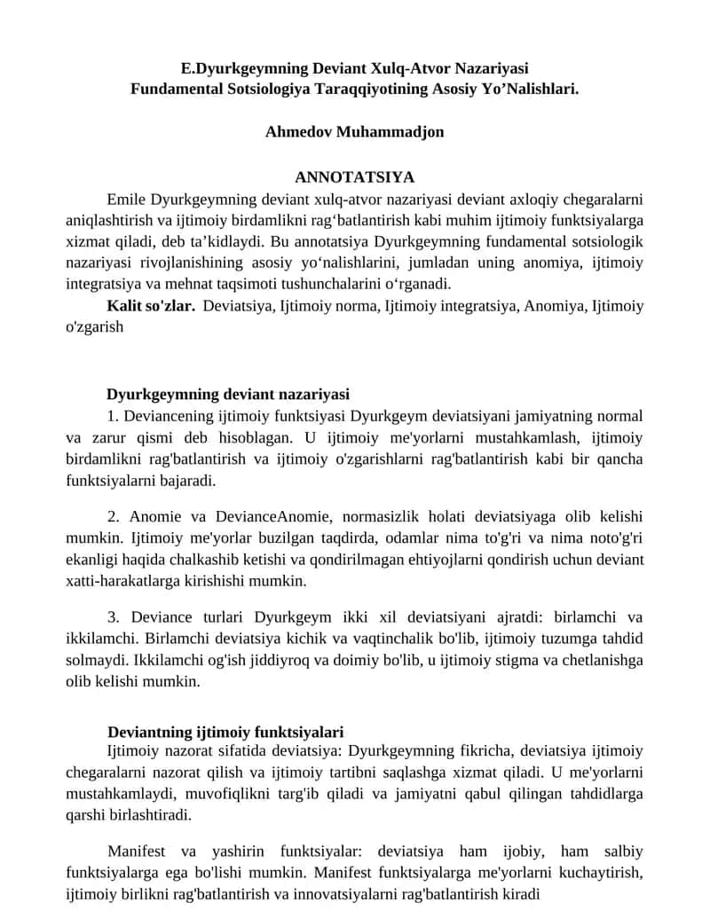 E.Dyurkgeymning Deviant Xulq-Atvor Nazariyasi