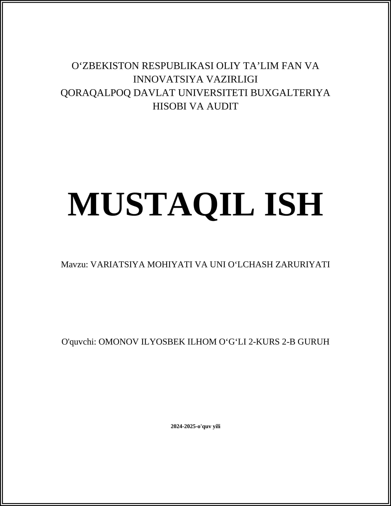VARIATSIYA MOHIYATI VA UNI OʻLCHASH ZARURIYATI