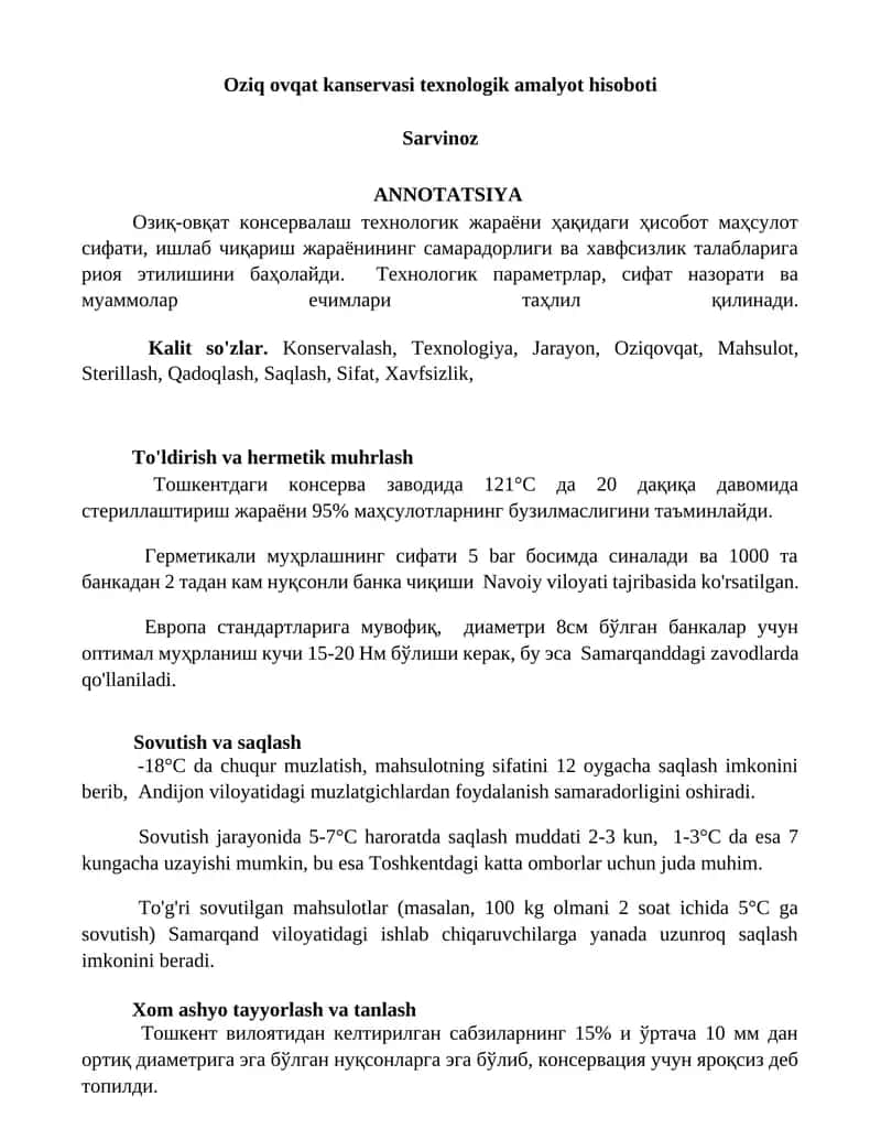 Oziq ovqat kanservasi texnologik amalyot hisoboti