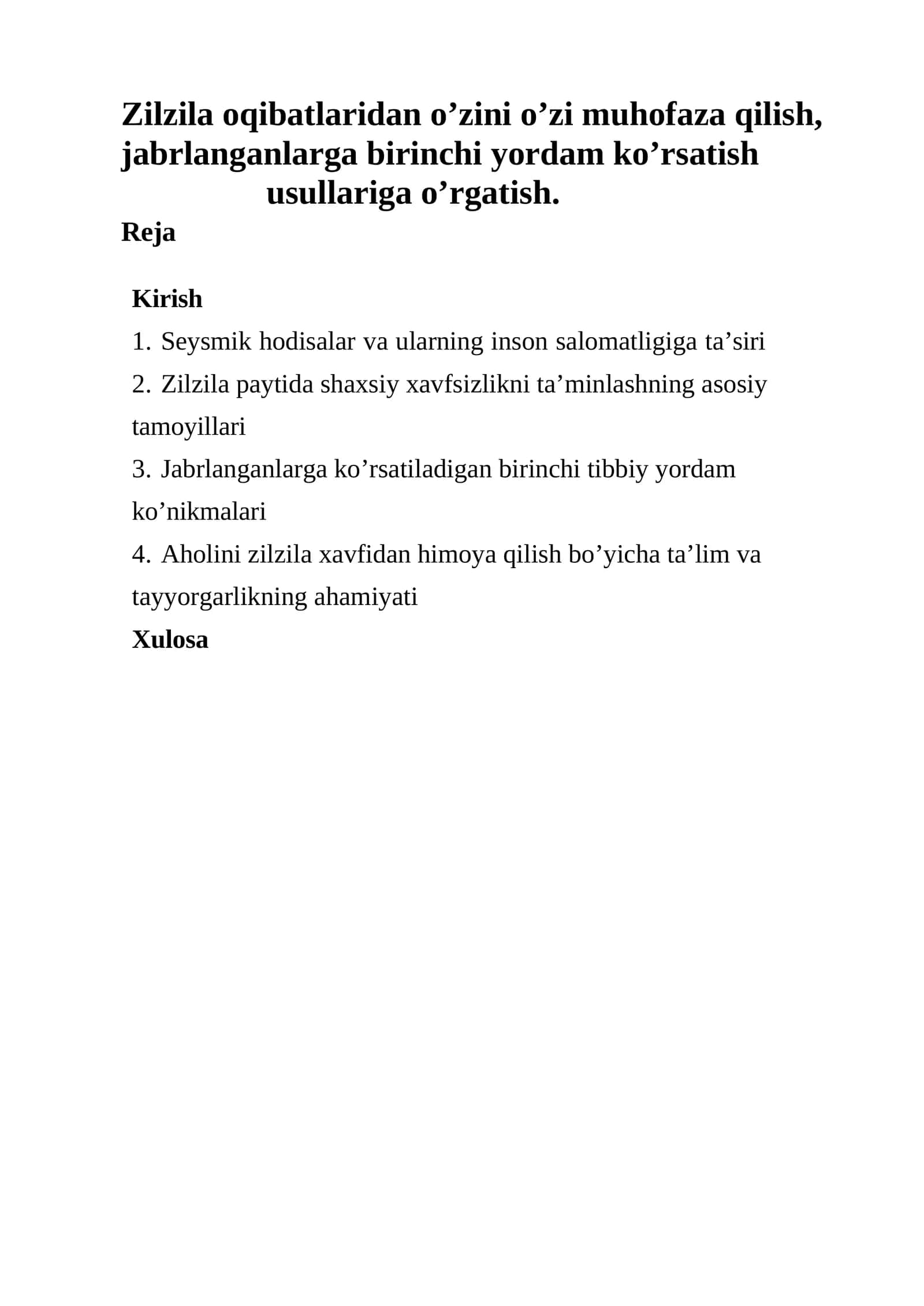 Aholini zilzila xavfidan himoya qilish bo’yicha ta’lim va tayyorgarlikning ahamiyati