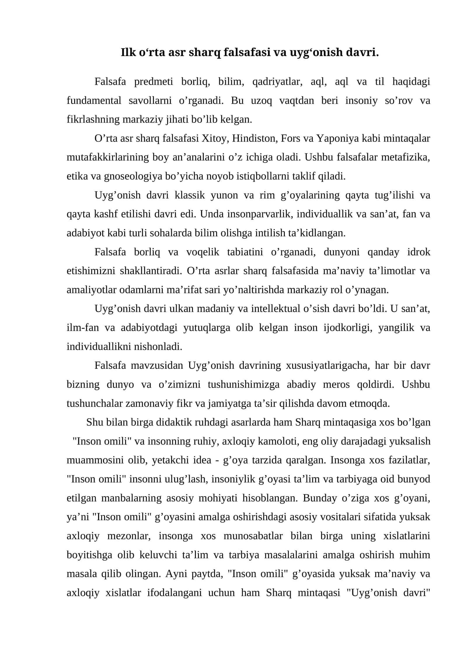 Ilk o‘rta asr sharq falsafasi va uyg‘onish davri