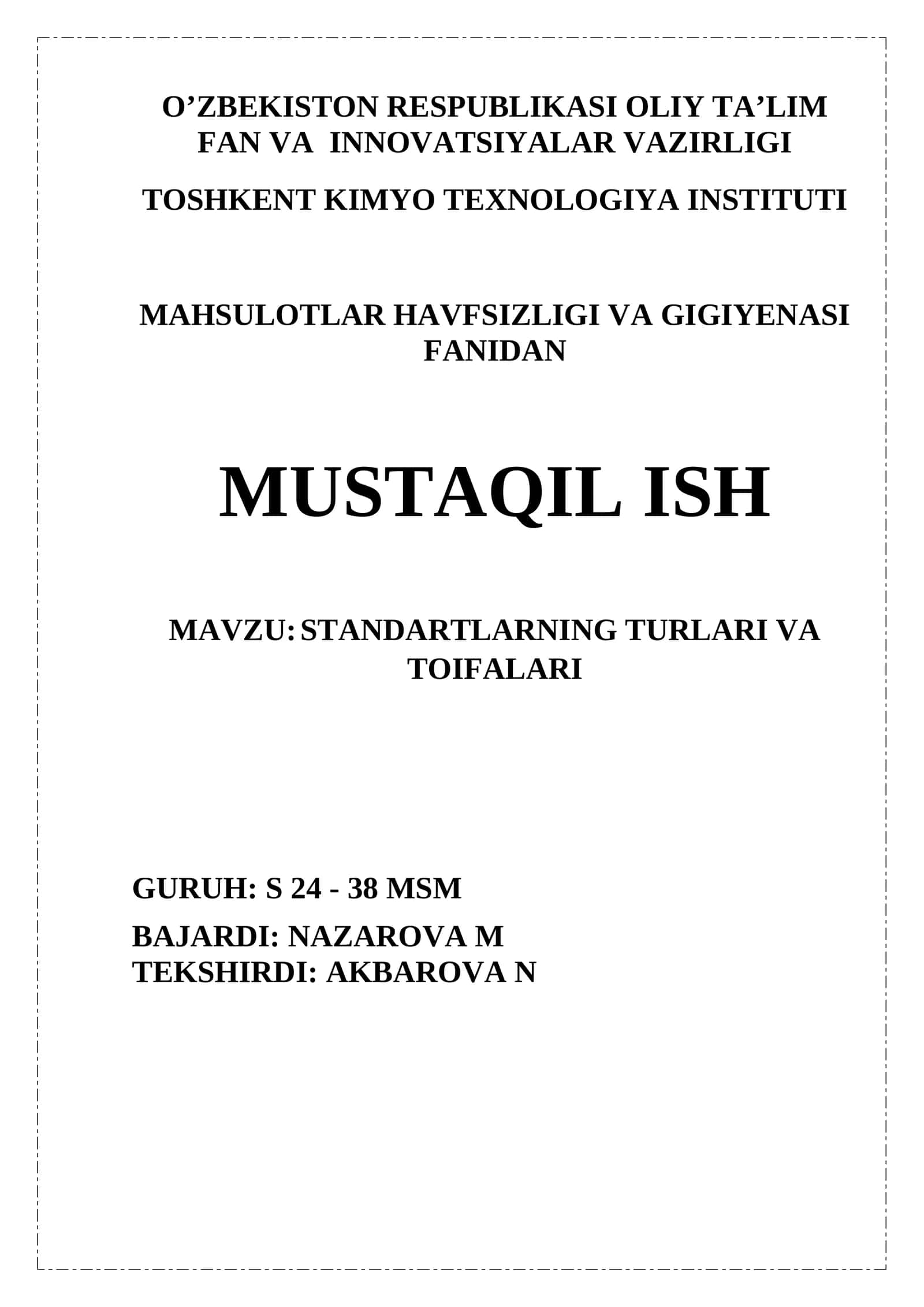 STANDARTLARNING TURLARI VA TOIFALARI