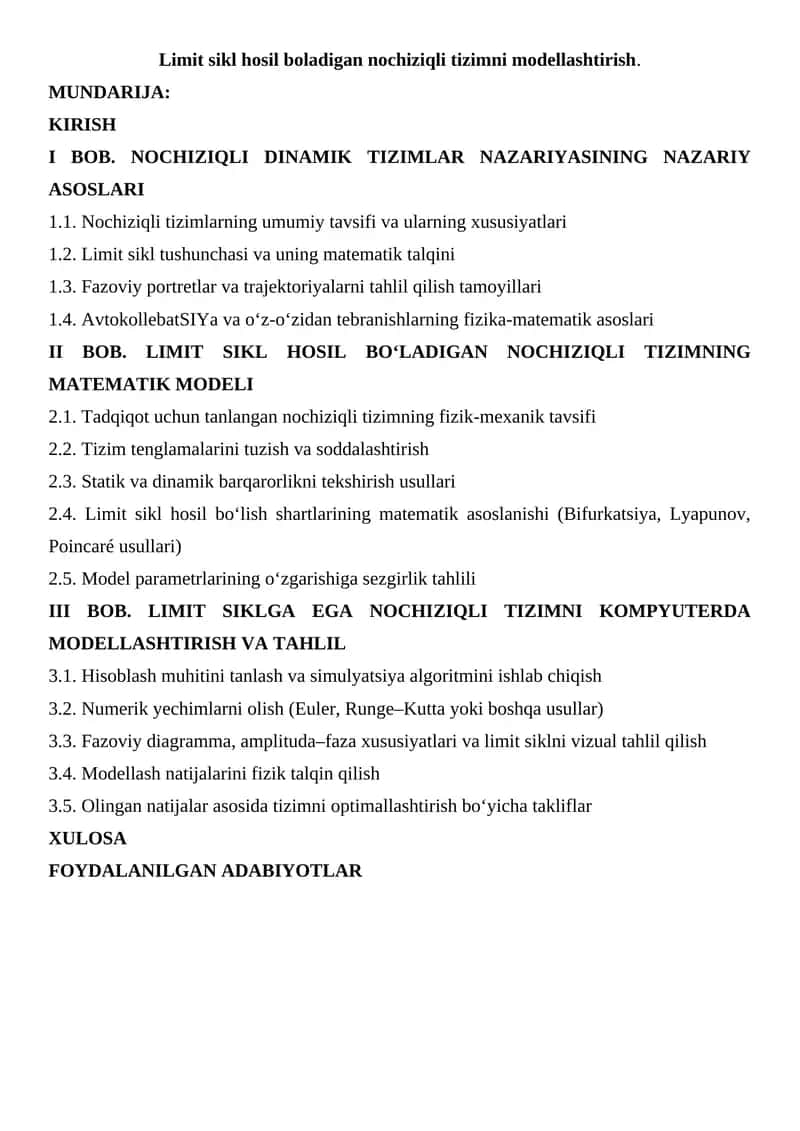 Limit sikl hosil boladigan nochiziqli tizimni modellashtirish