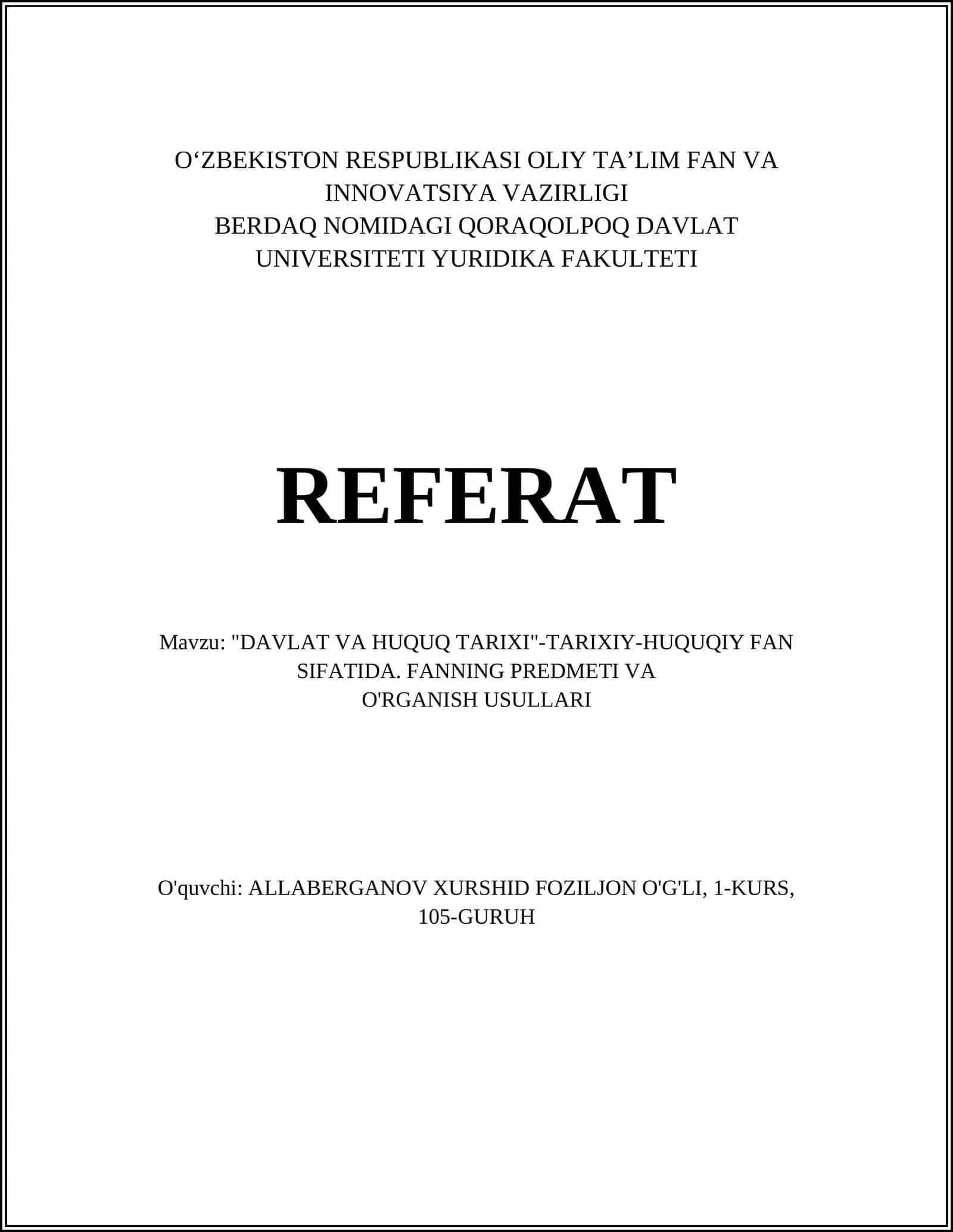 Davlat va huquq tarixi fanining predmeti