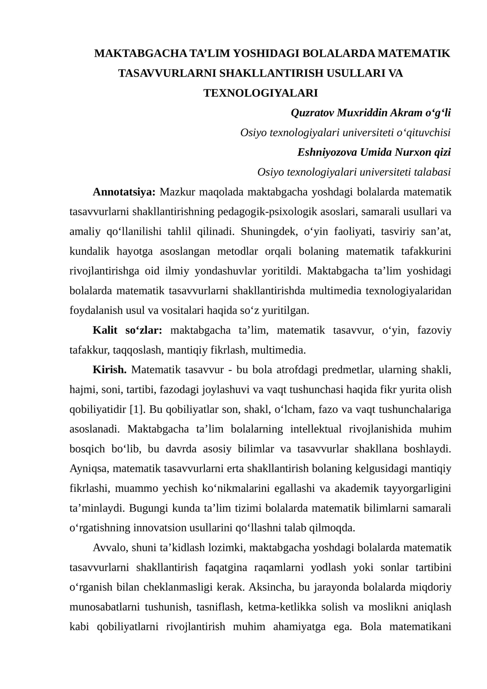 MAKTABGACHA TA’LIM YOSHIDAGI BOLALARDA MATEMATIK TASAVVURLARNI SHAKLLANTIRISH USULLARI VA TEXNOLOGIYALARI