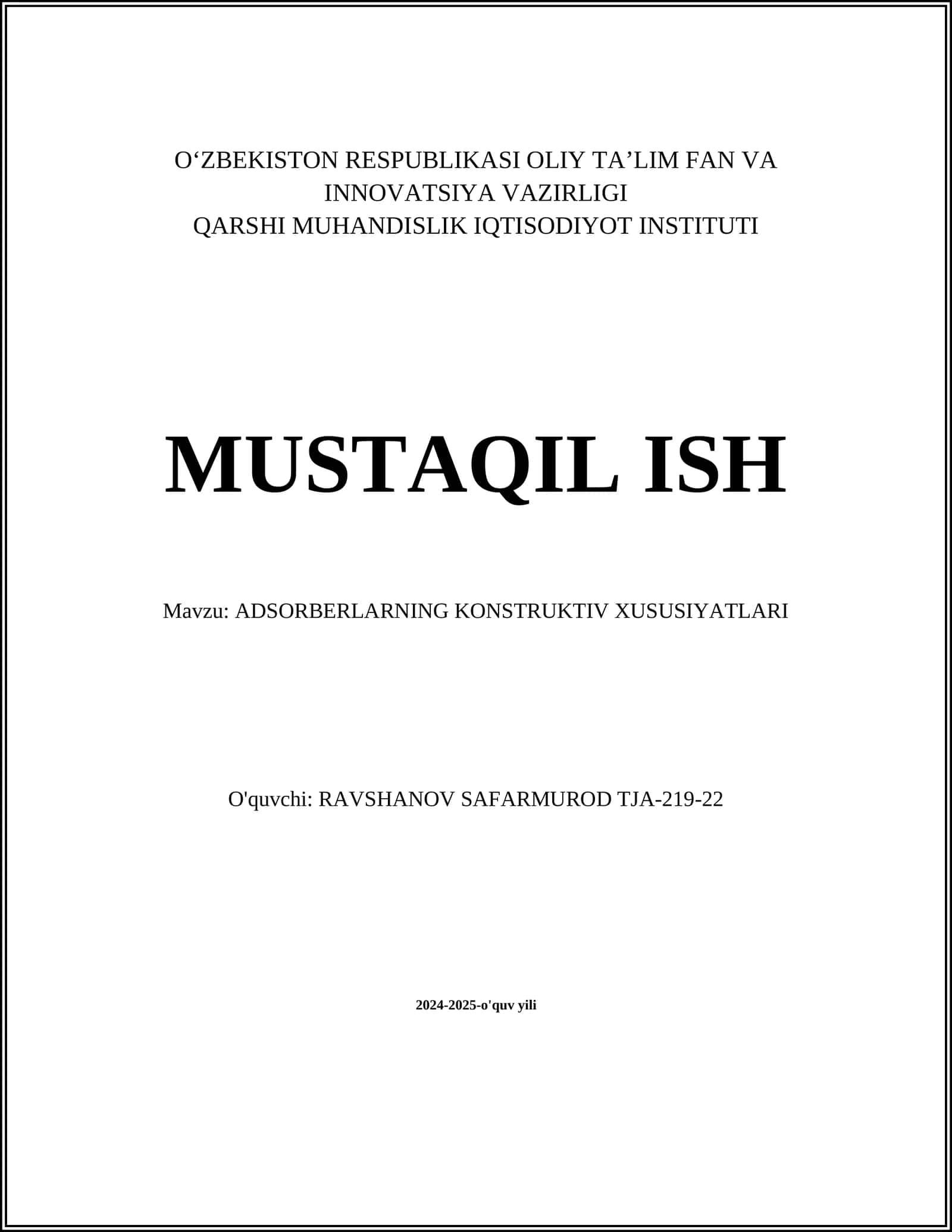 ADSORBERLARNING KONSTRUKTIV XUSUSIYATLARI