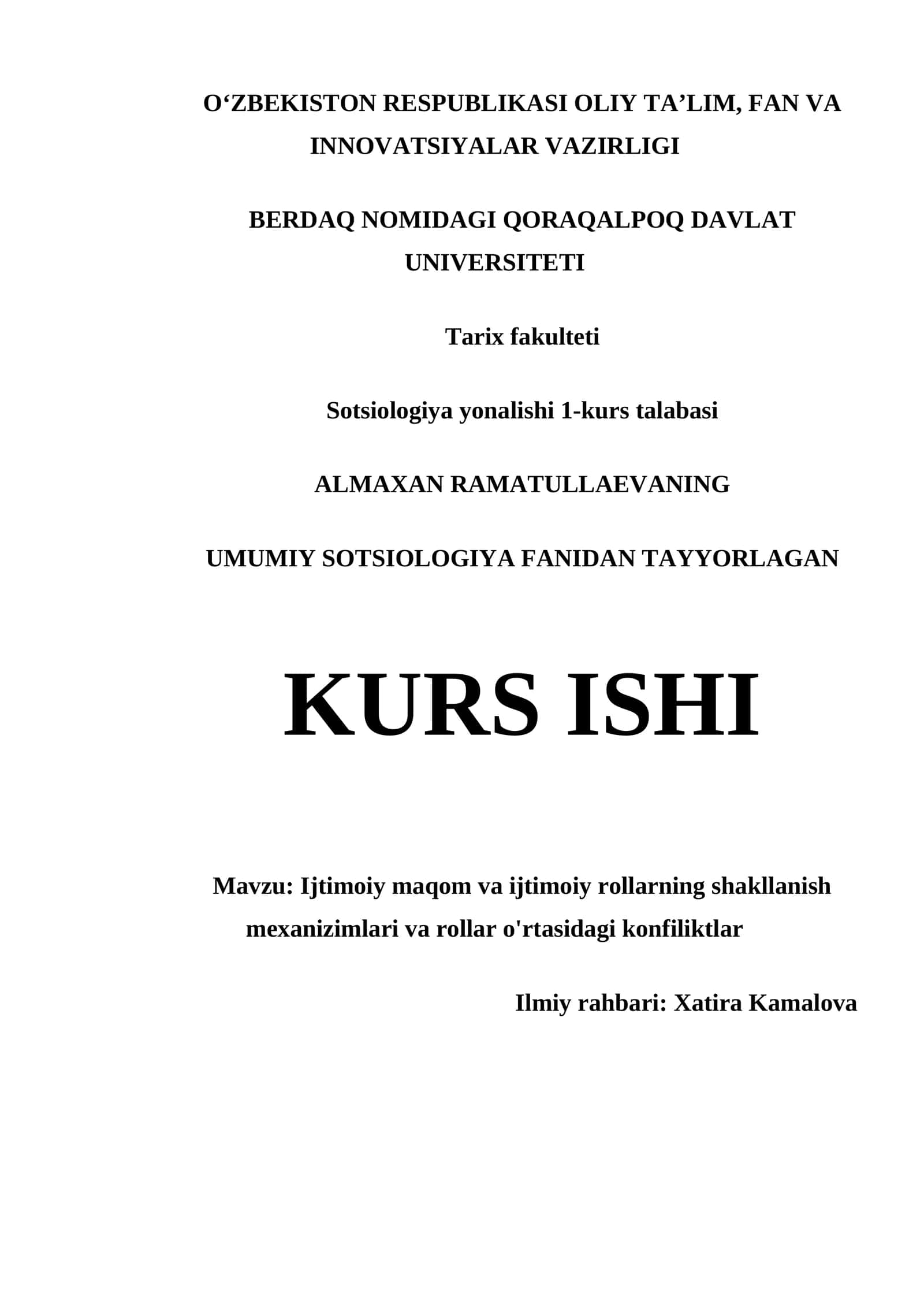 UMUMIY SOTSIOLOGIYA FANIDAN TAYYORLAGAN KURS ISHI