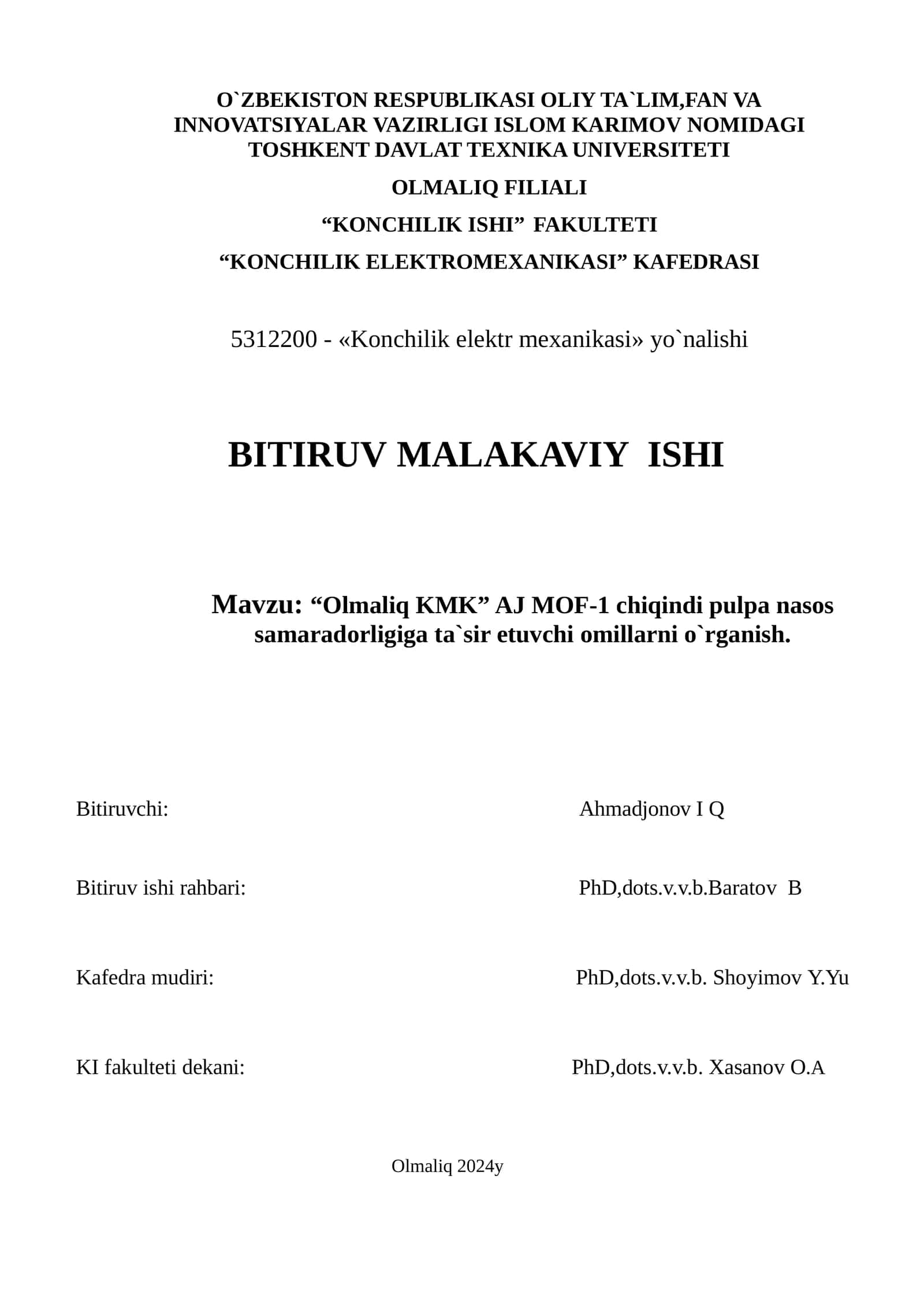 “Olmaliq KMK” AJ MOF-1 chiqindi pulpa nasos samaradorligiga ta`sir etuvchi omillarni o`rganish