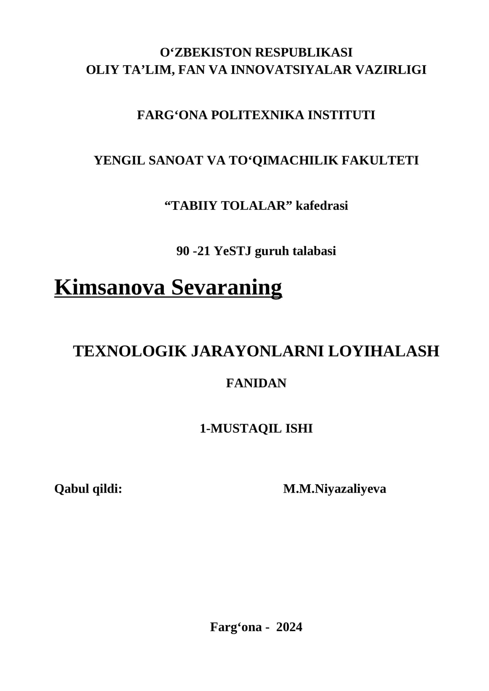 TEXNOLOGIK JARAYONLARNI LOYIHALASH FANIDAN