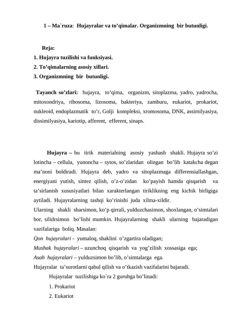 Hujayralar va to’qimalar