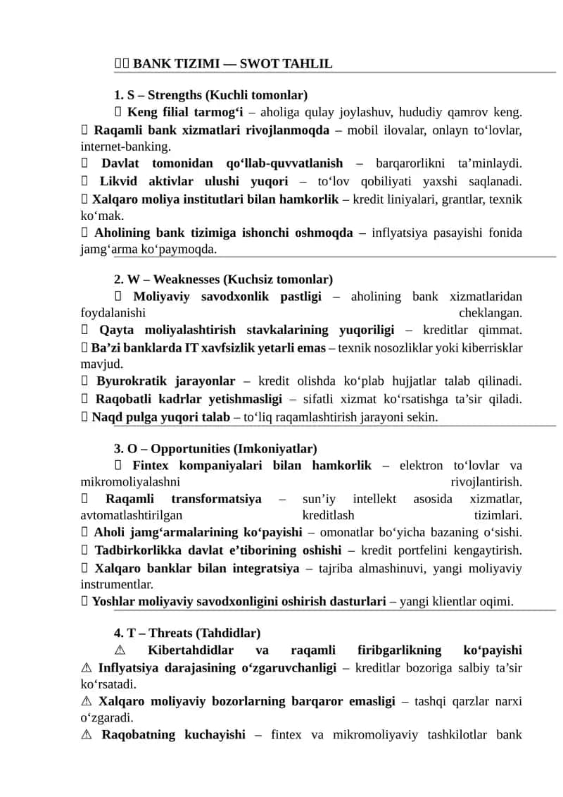 Uz Bank tizimi SWOT tahlil