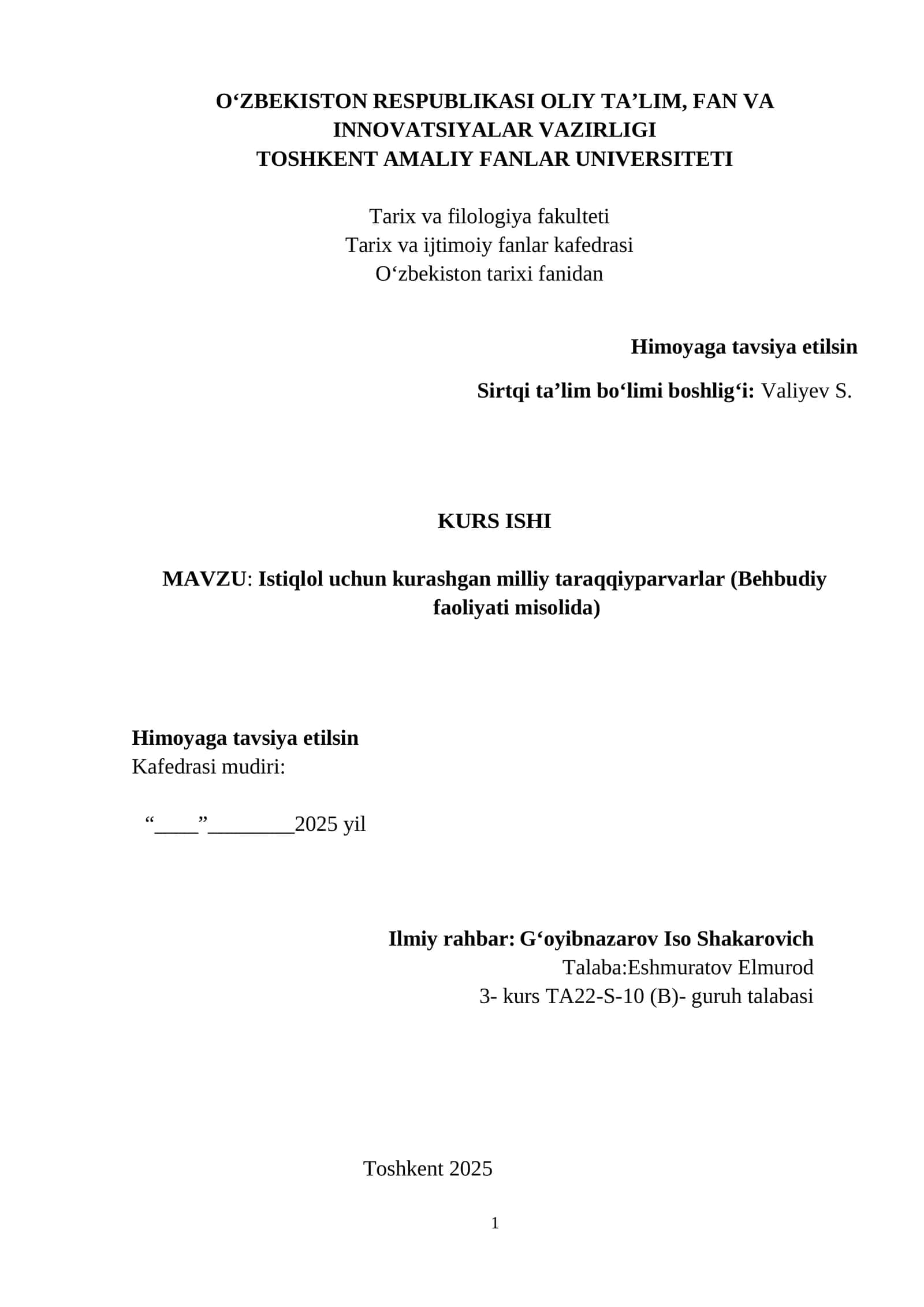 Istiqlol uchun kurashgan milliy taraqqiyparvarlar (Behbudiy faoliyati misolida)