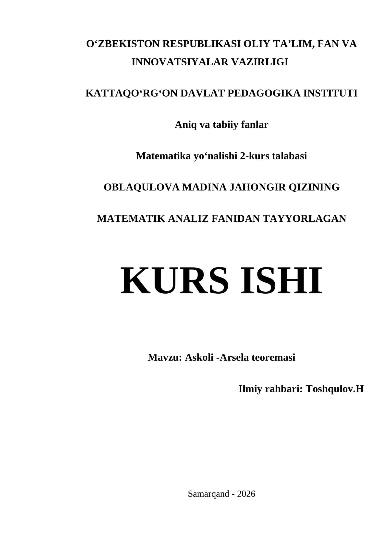 Askoli -Arsela teoremasi KURS ISHI