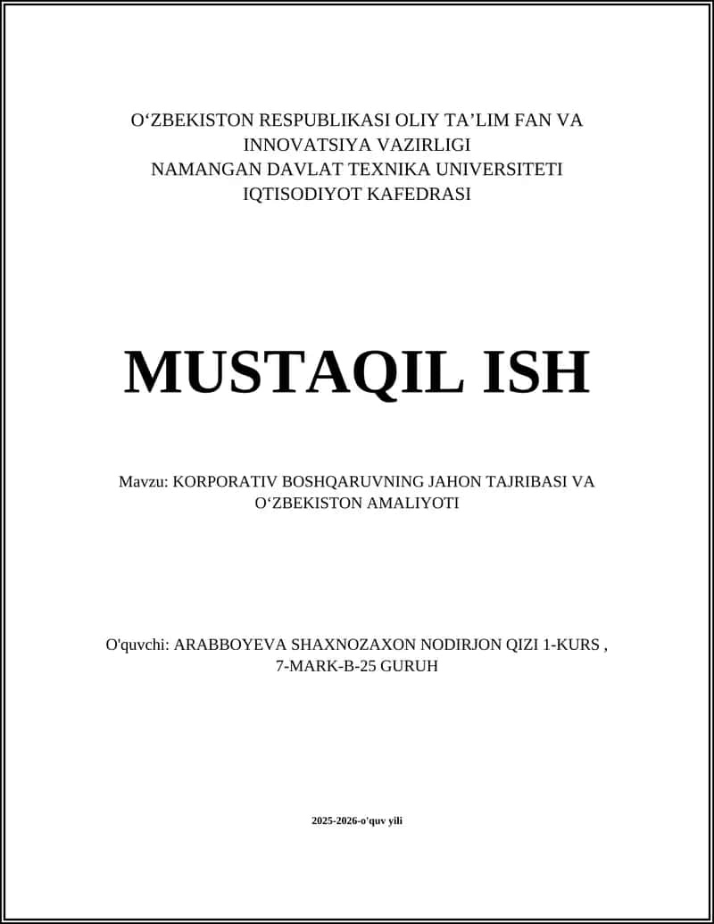 KORPORATIV BOSHQARUVNING JAHON TAJRIBASI VA O‘ZBEKISTON AMALIYOTI