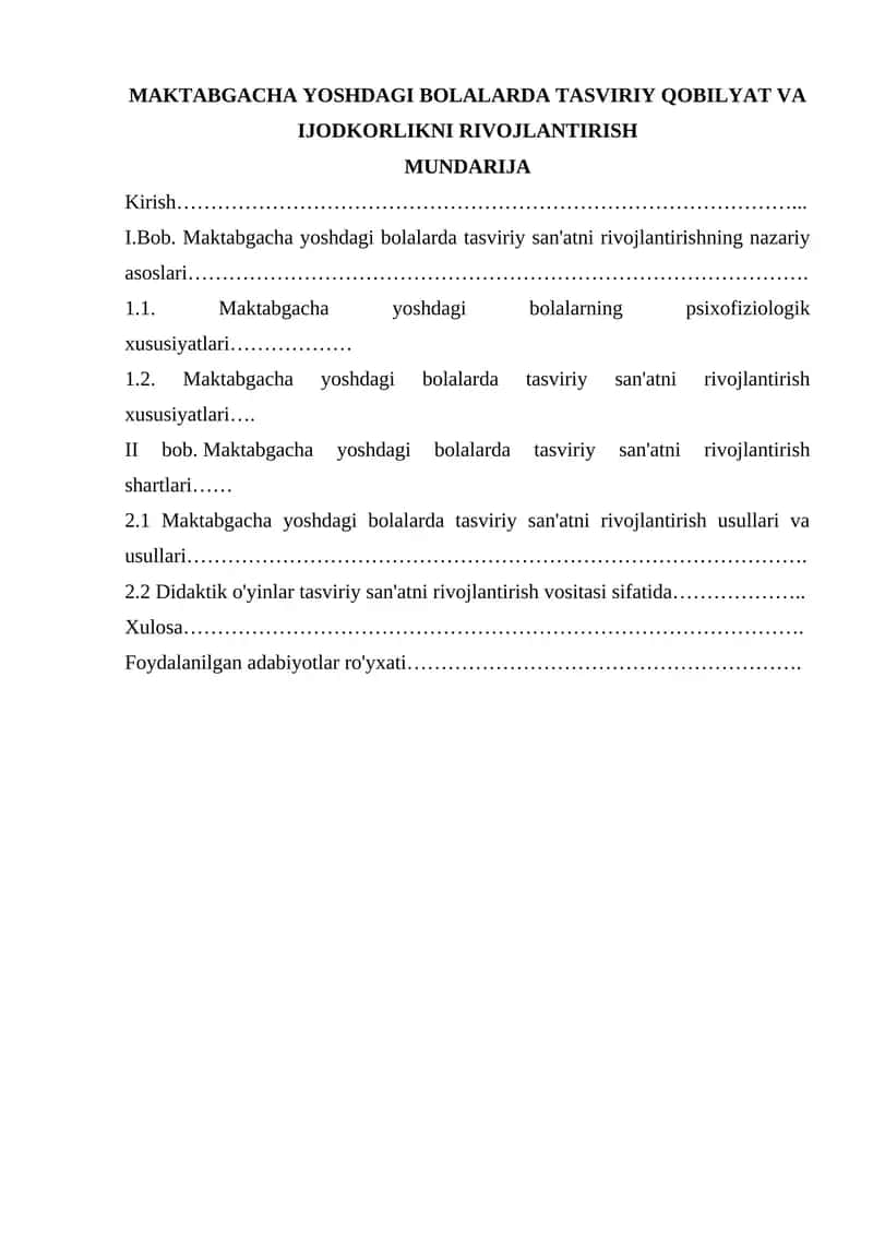 MAKTABGACHA YOSHDAGI BOLALARDA TASVIRIY QOBILYAT VA IJODKORLIKNI RIVOJLANTIRISH