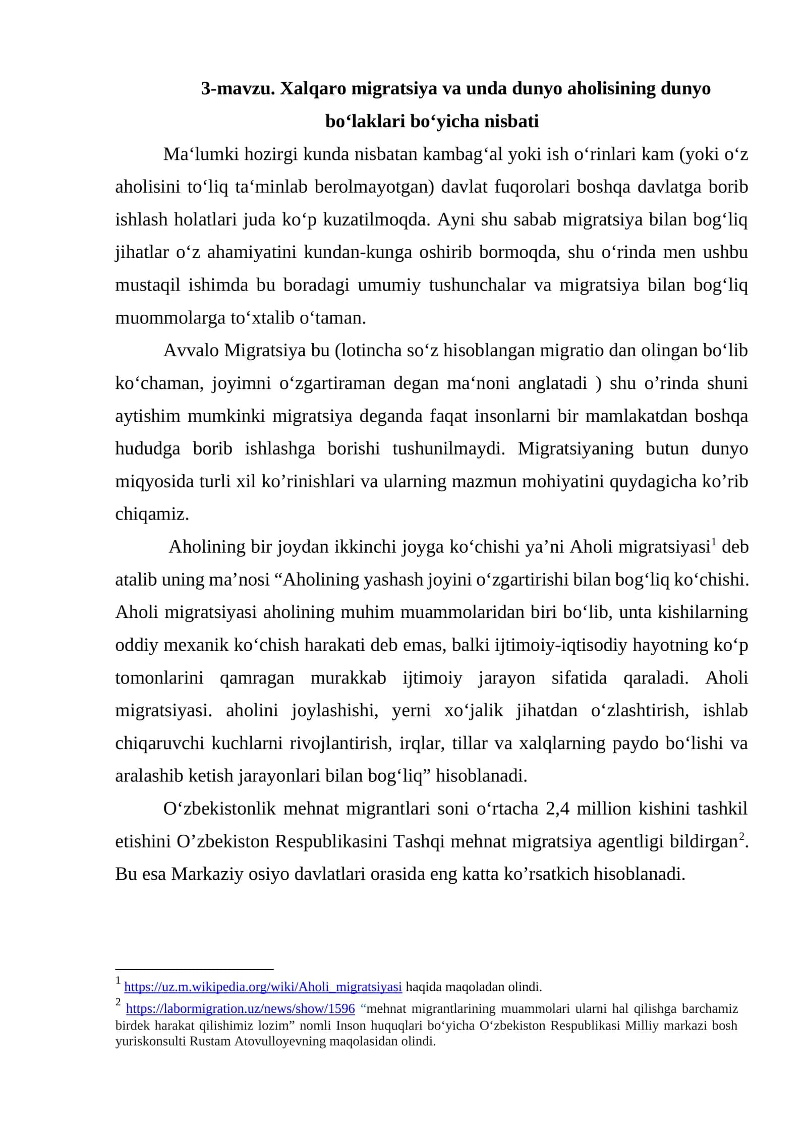 Xalqaro migratsiya va unda dunyo aholisining dunyo bo‘laklari bo‘yicha nisbati