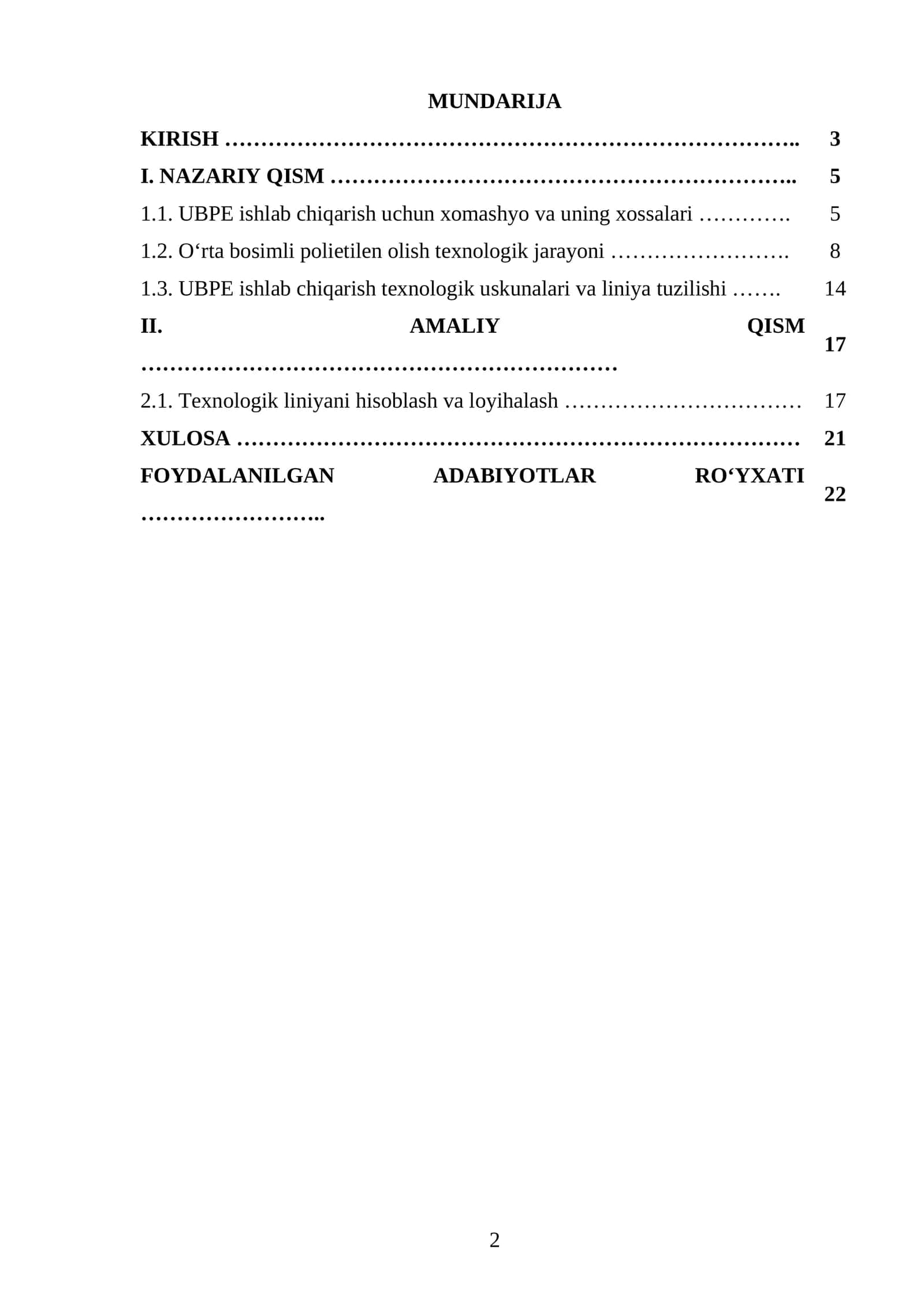 O‘rta bosimda polietilen ishlab chiqarish texnologik liniyasini loyihalash. Q=1400 t/yil.