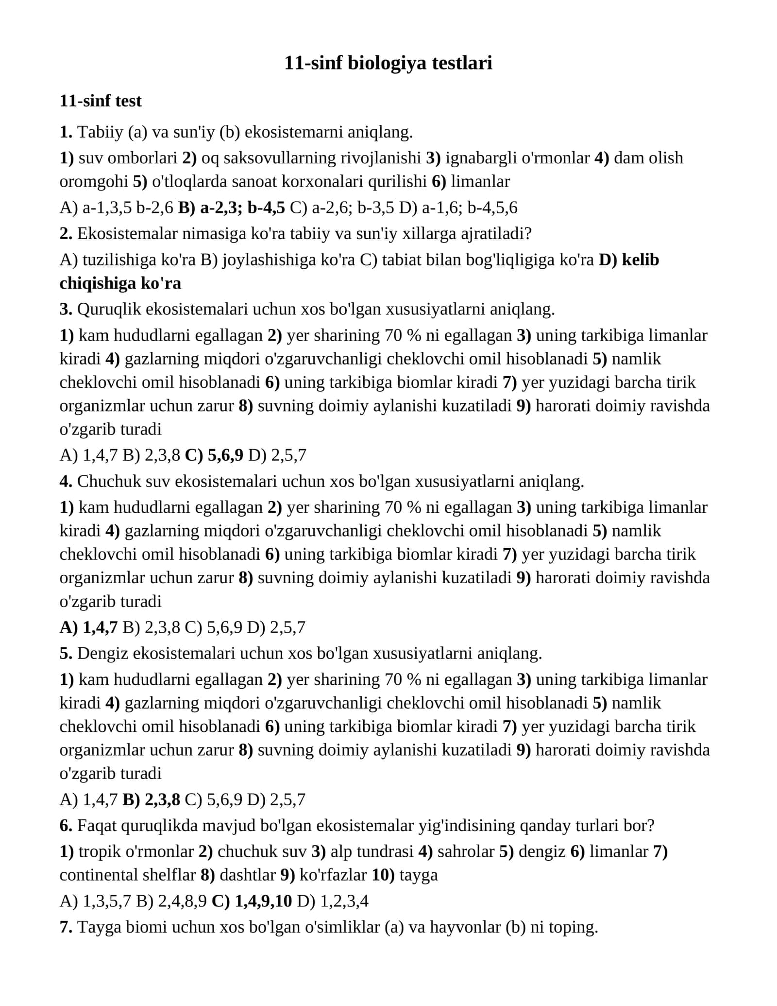 11-sinf biologiya testlari to'liq savollar-javoblar