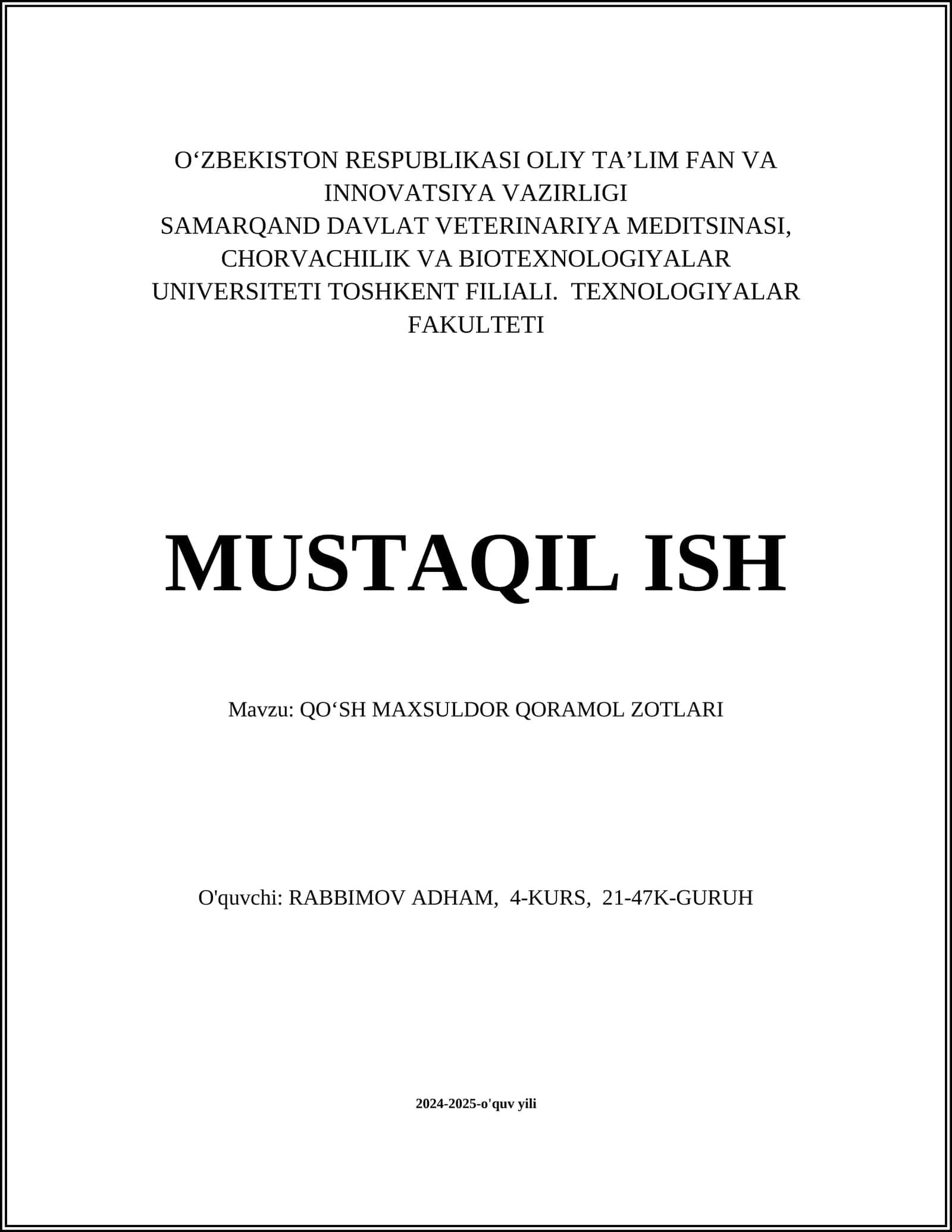 QO‘SH MAXSULDOR QORAMOL ZOTLARI
