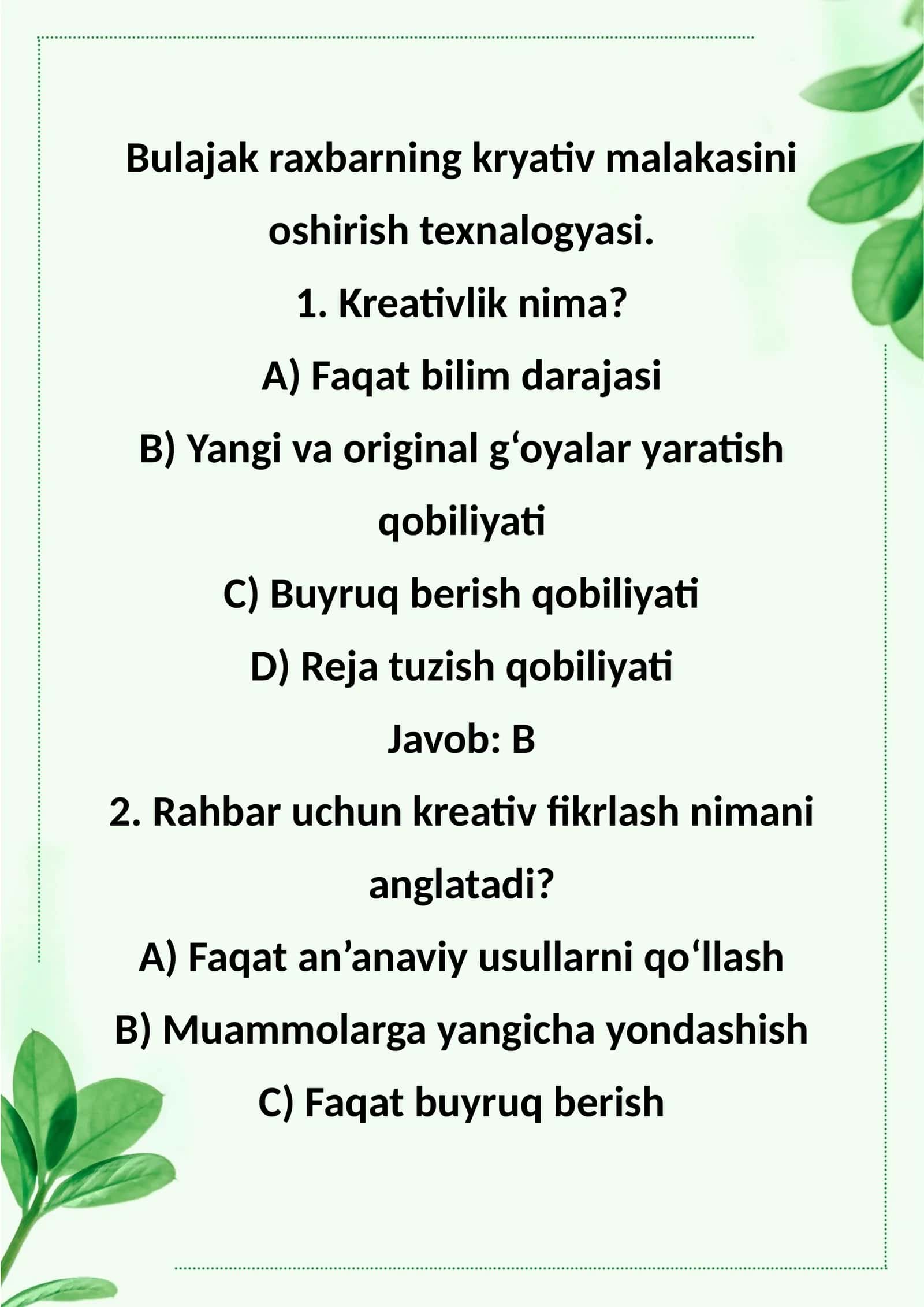 Bulajak raxbarning kryativ malakasini oshirish texnalogyasi