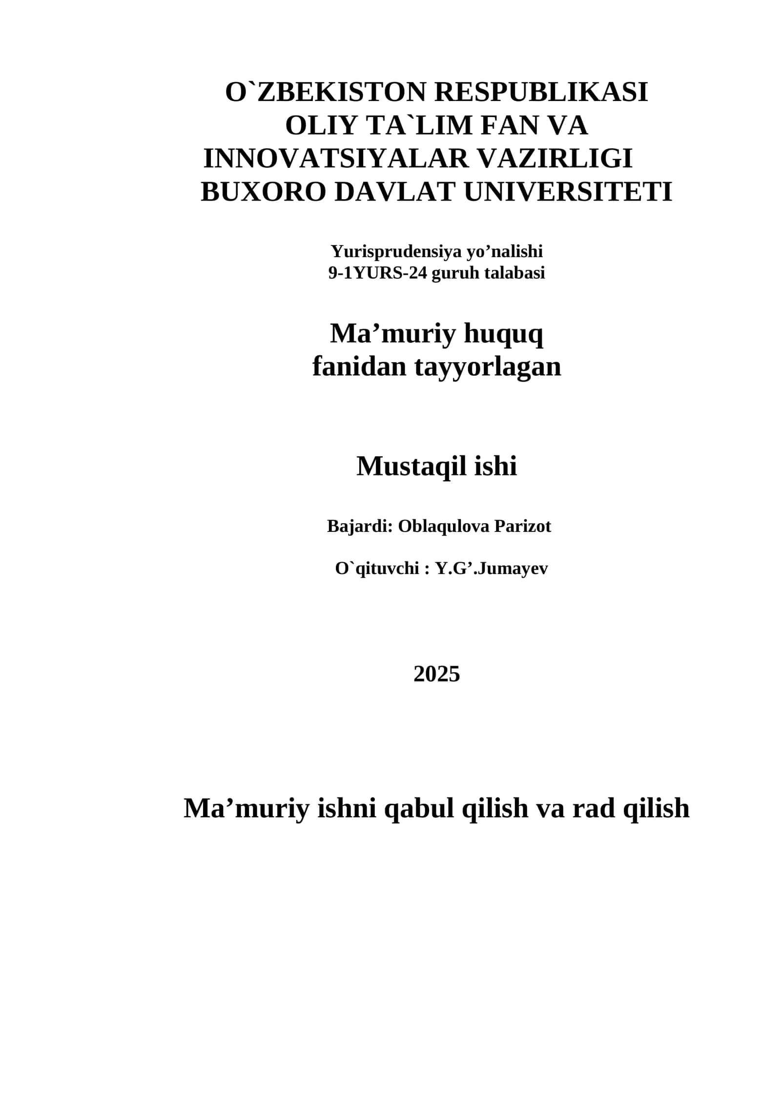 Ma’muriy ishni qabul qilish va rad qilish
